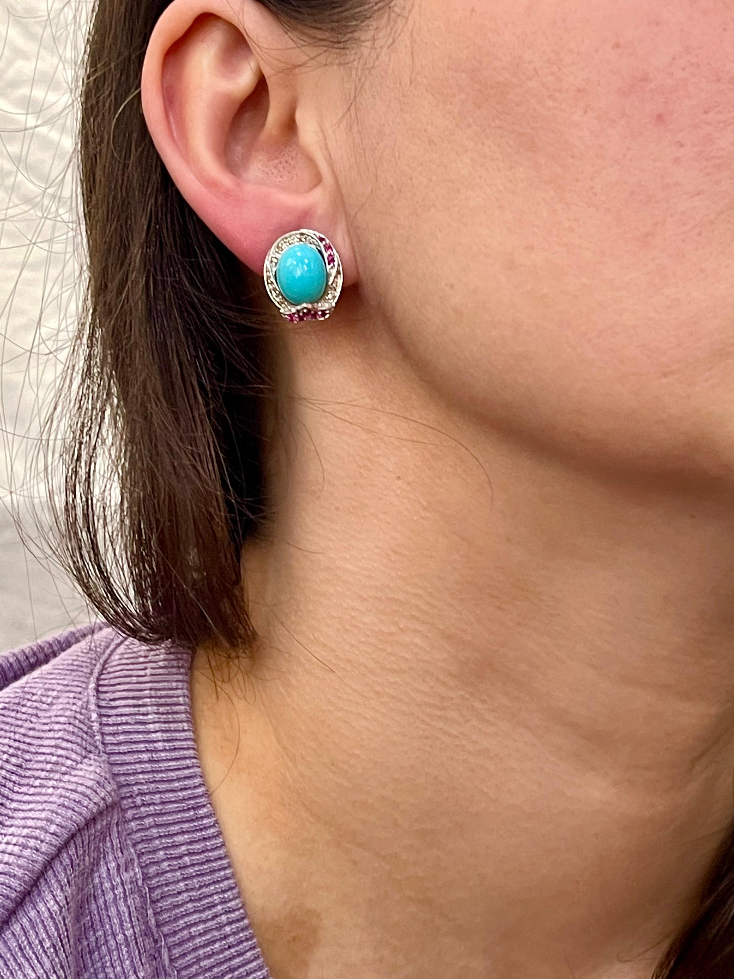 Turquoise, Diamond & Ruby Stud Earring 14 Karat White Gold In Excellent Condition In New York, NY