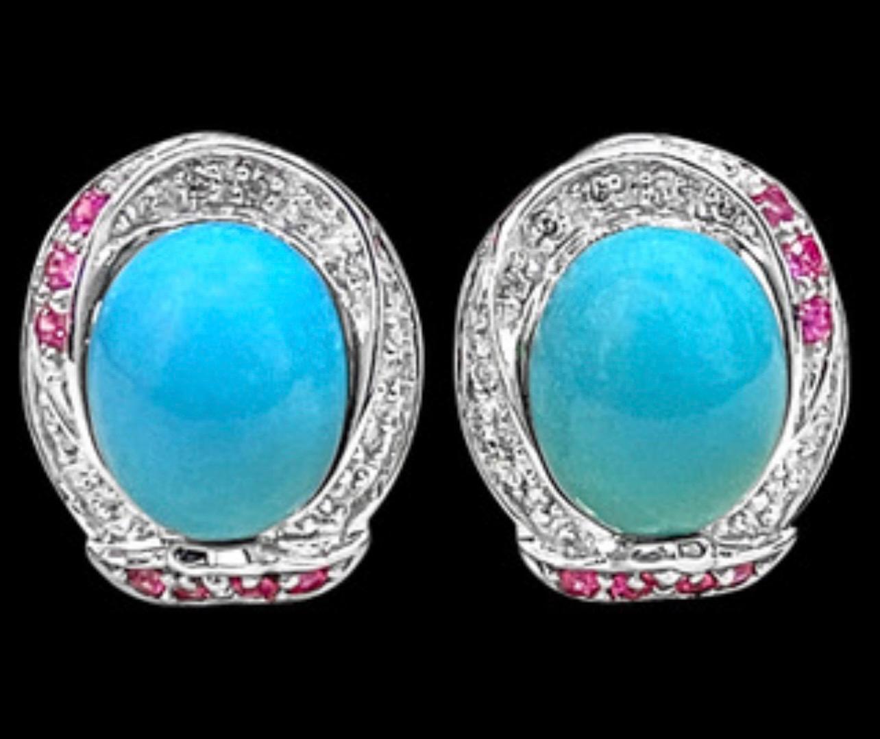 Approximately 7 Carat of Turquoise Stud  Earring 14 Karat White  gold.
Each turquoise about 3 to 3.5 carat each.
Very desirable color and quality.
perfect pair made in 14 Karat White gold
Gold 7.8 Grams including stones.
Brilliant cut round Diamonds