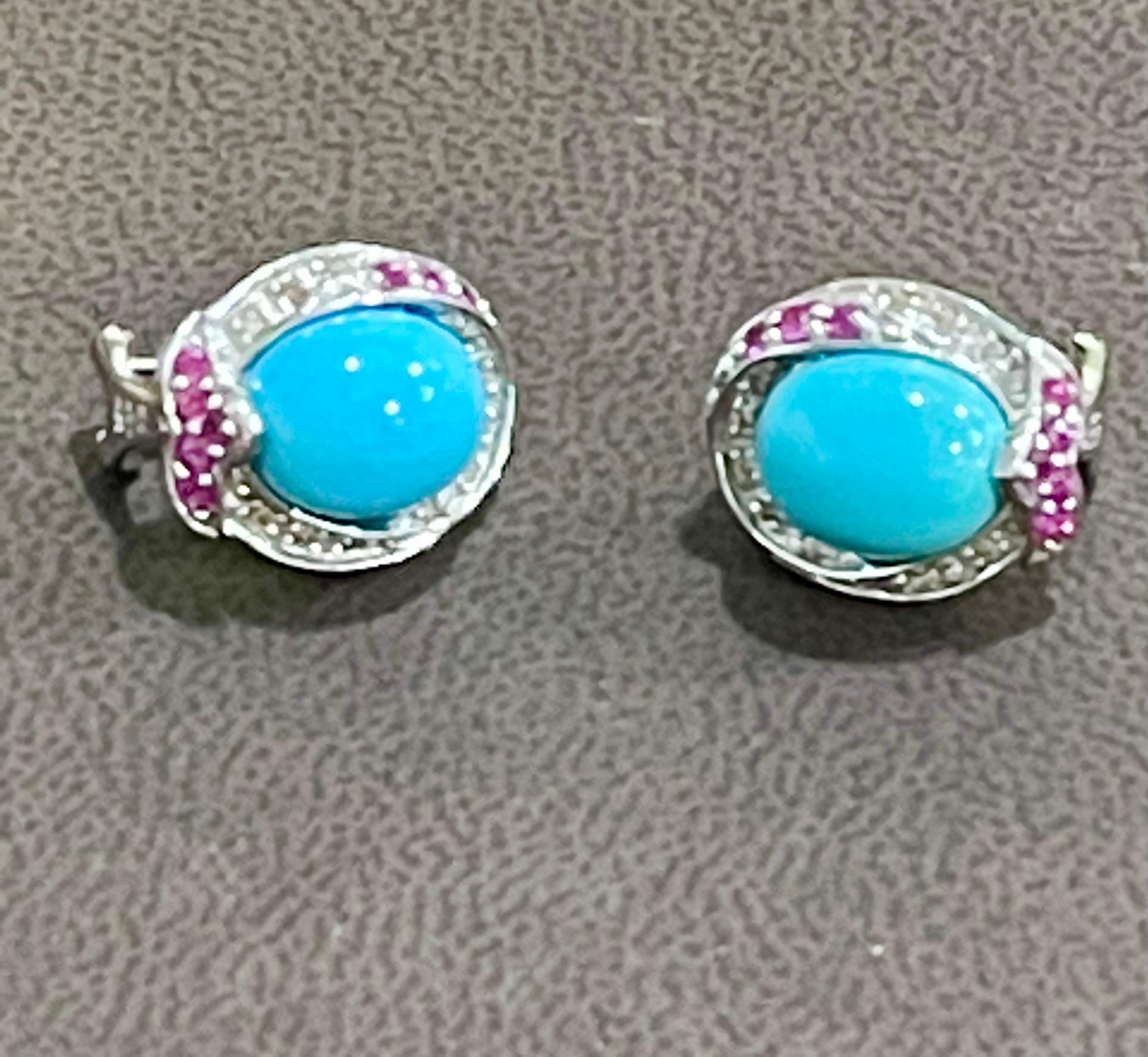 Turquoise, Diamond & Ruby Stud Earring 14 Karat White Gold 3