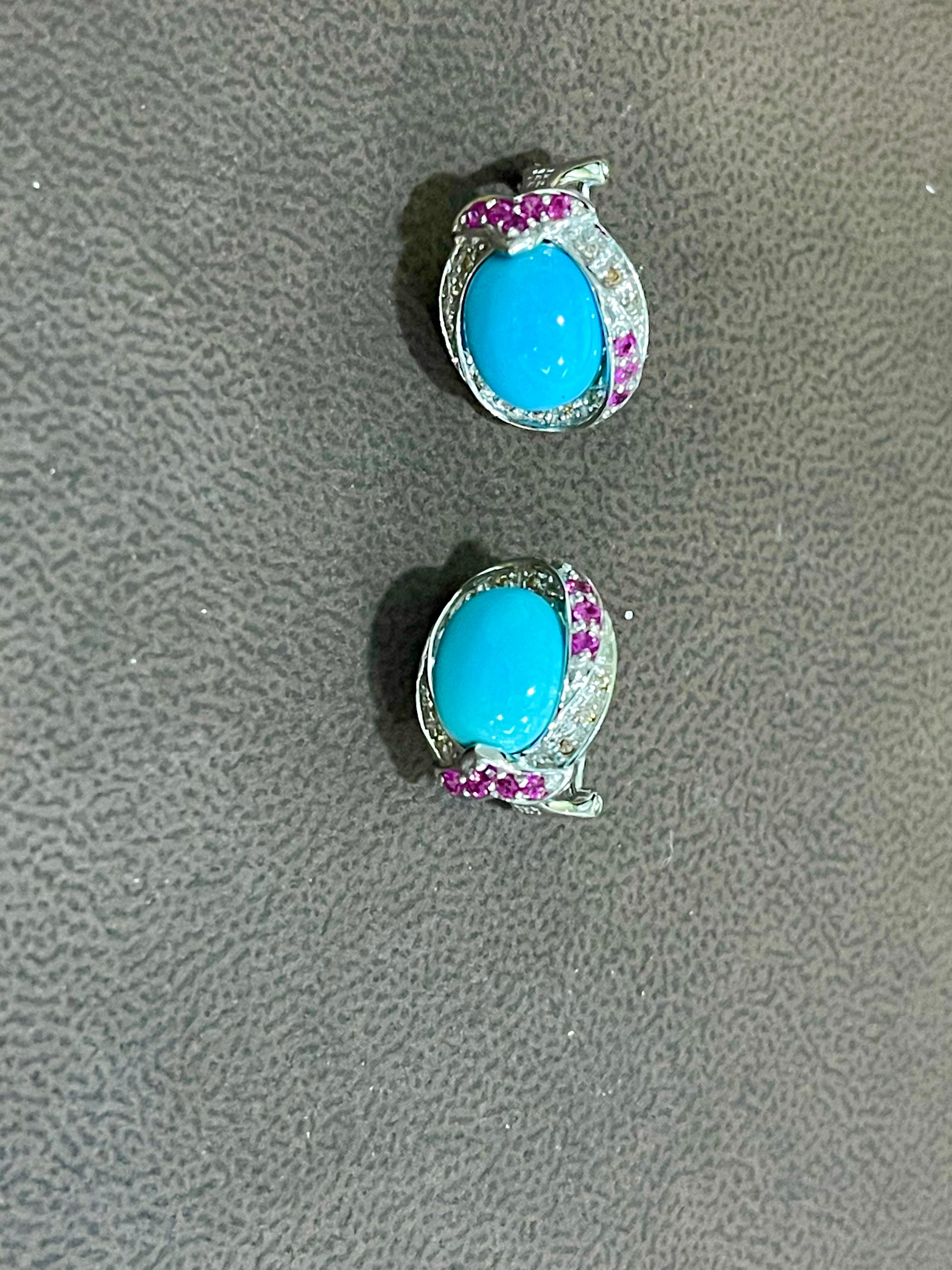 Turquoise, Diamond & Ruby Stud Earring 14 Karat White Gold 4
