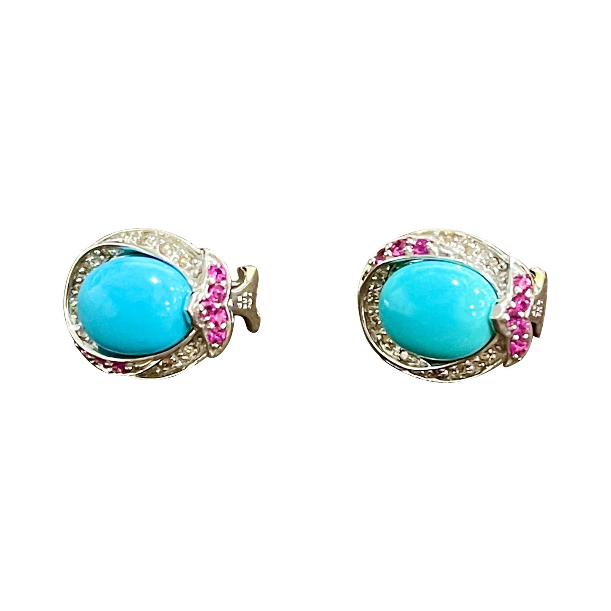 Cabochon Turquoise, Diamond & Ruby Stud Earring 14 Karat White Gold