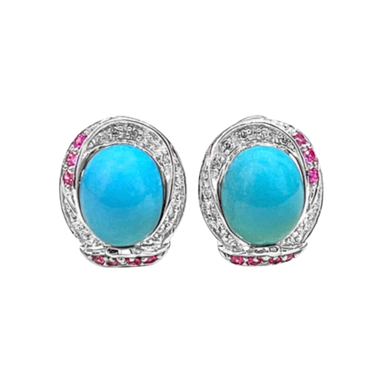 Turquoise, Diamond & Ruby Stud Earring 14 Karat White Gold