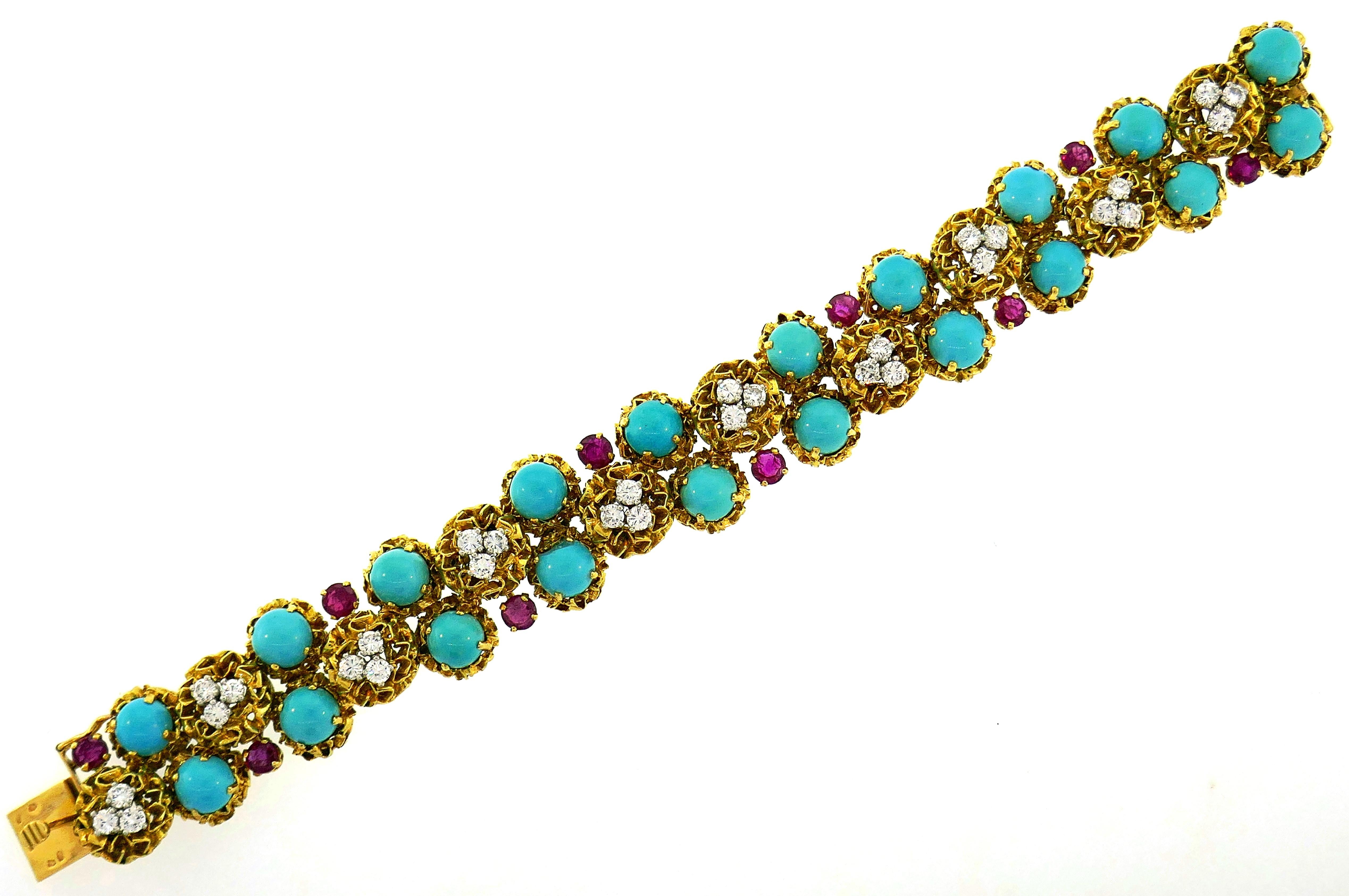Round Cut Turquoise Diamond Ruby Yellow Gold Bracelet French, 1950s