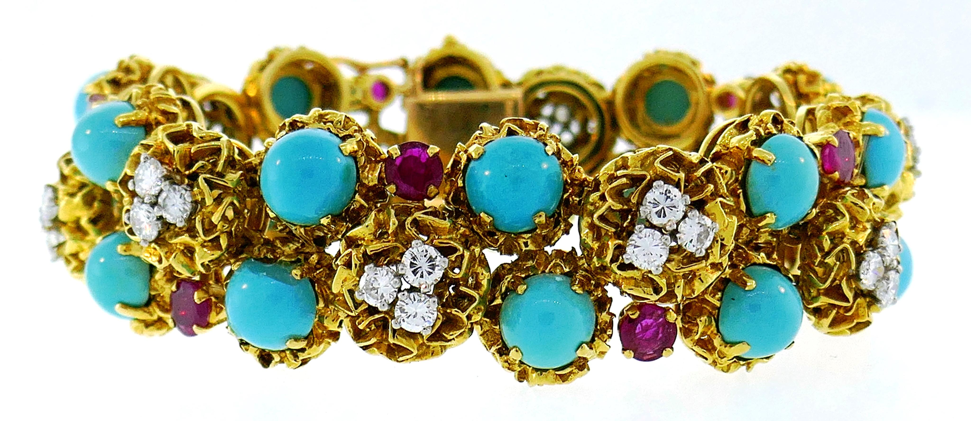 Turquoise Diamond Ruby Yellow Gold Bracelet French, 1950s In Good Condition In Beverly Hills, CA