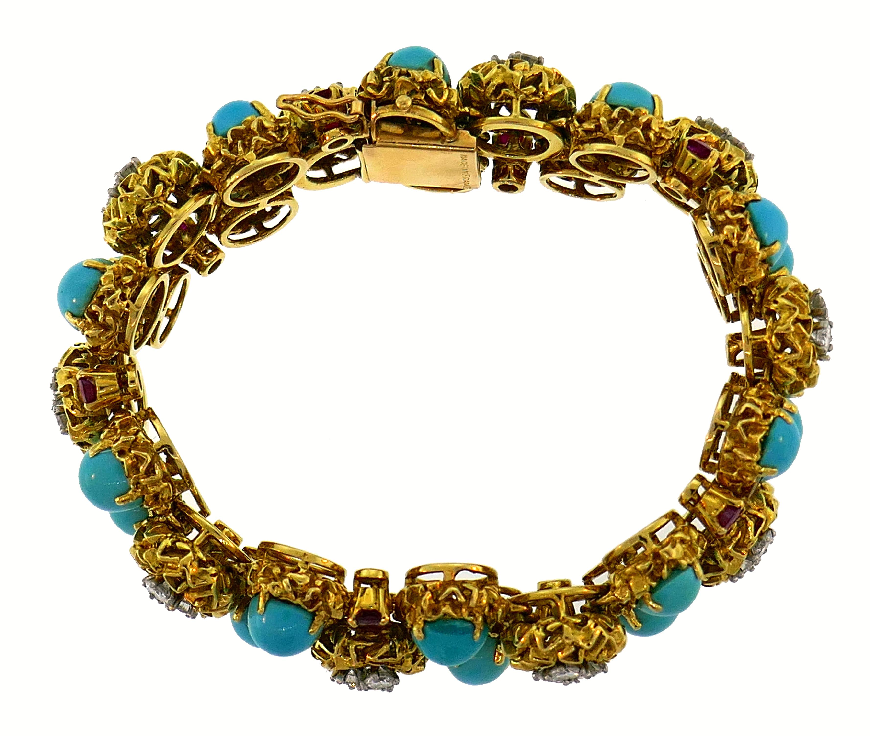 Women's Turquoise Diamond Ruby Yellow Gold Bracelet French, 1950s