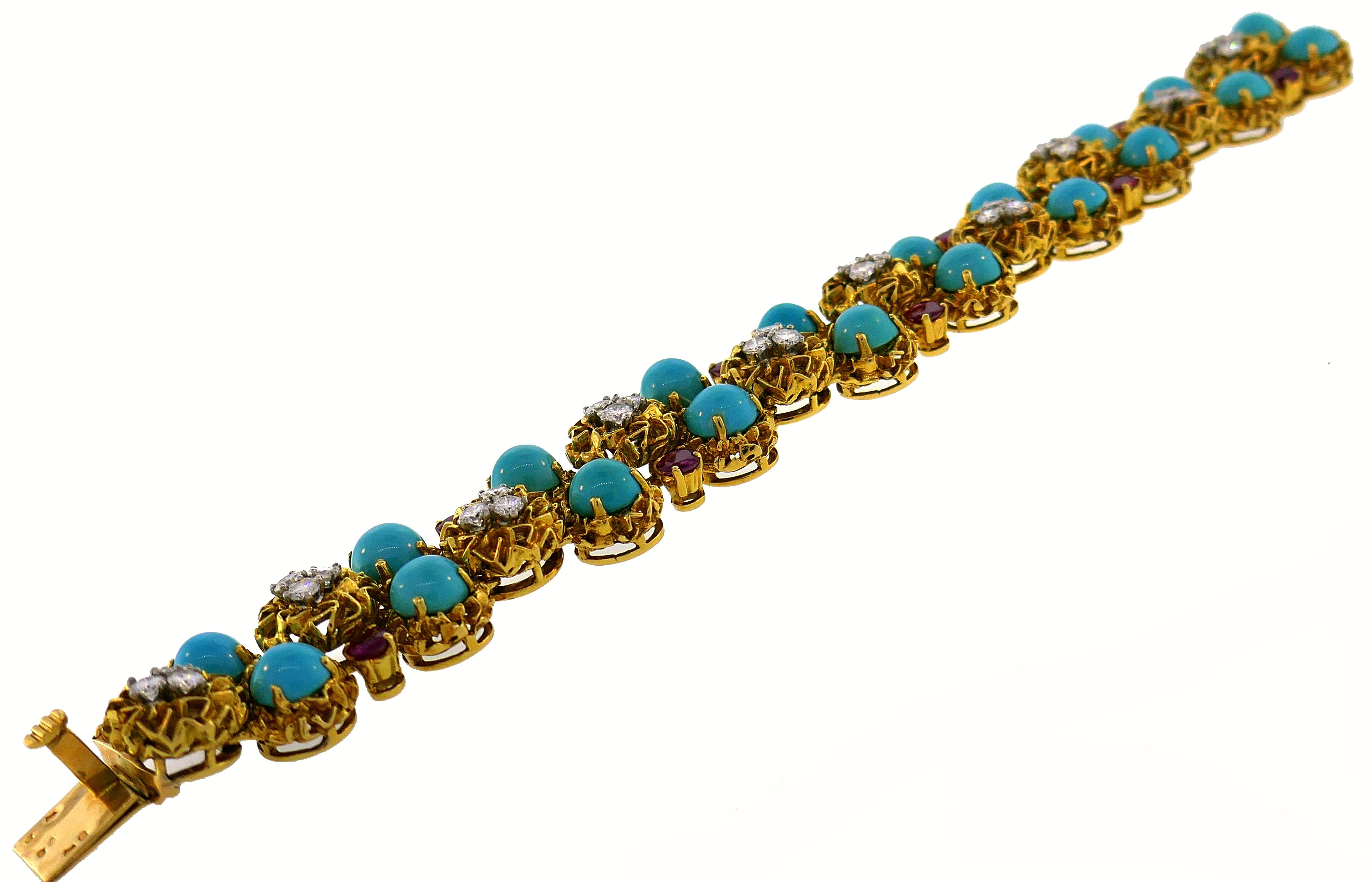 Turquoise Diamond Ruby Yellow Gold Bracelet French, 1950s 1