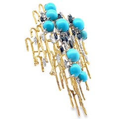 Turquoise + diamant + saphir Broche cascade en or jaune 18k et platine MCM