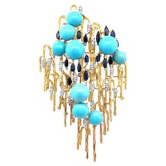 Türkis + Diamant + Saphir 18k Gelbgold & Platin MCM Wasserfall-Brosche