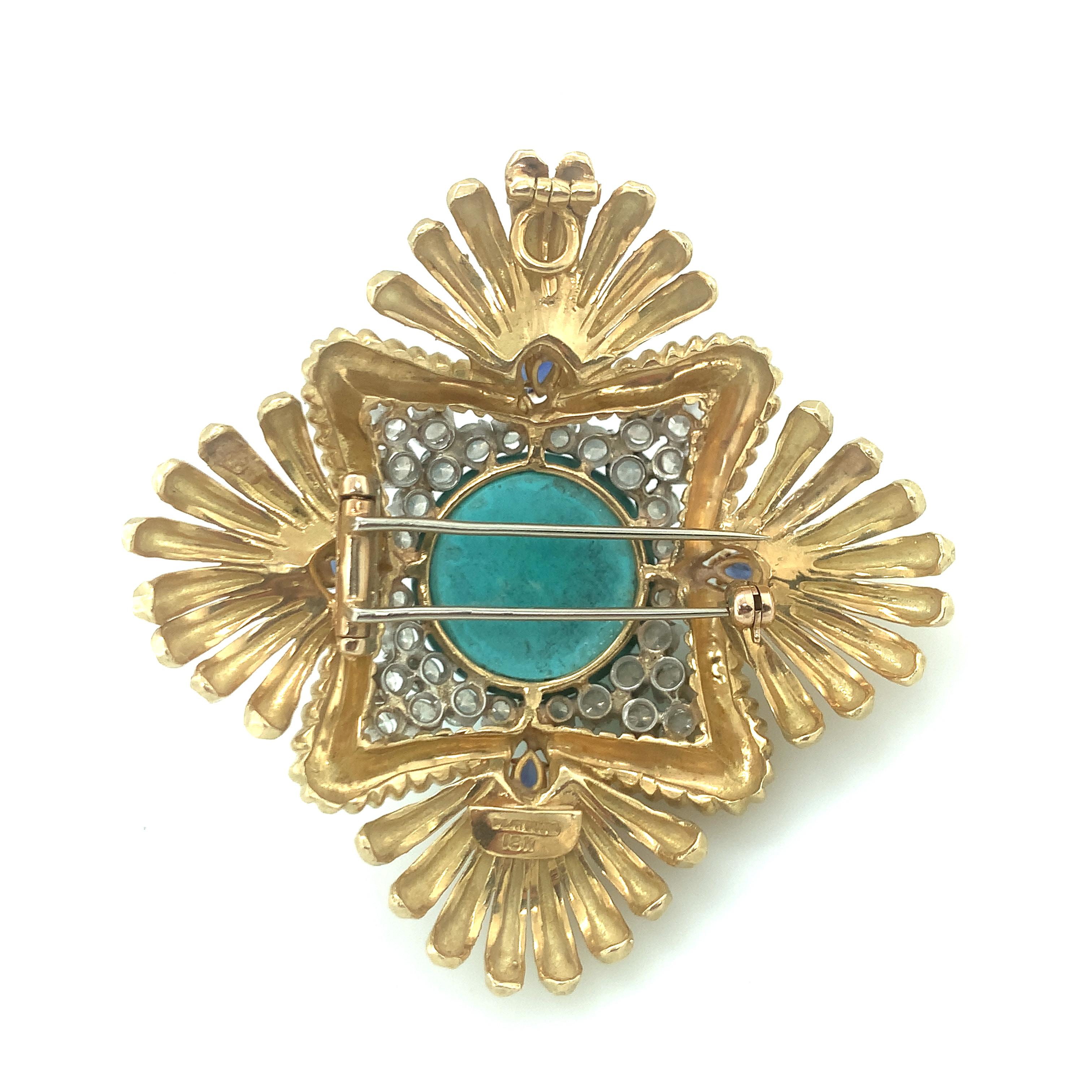 Round Cut Turquoise, Diamond, Sapphire and Pearl 18K Gold Pendant / Brooch For Sale