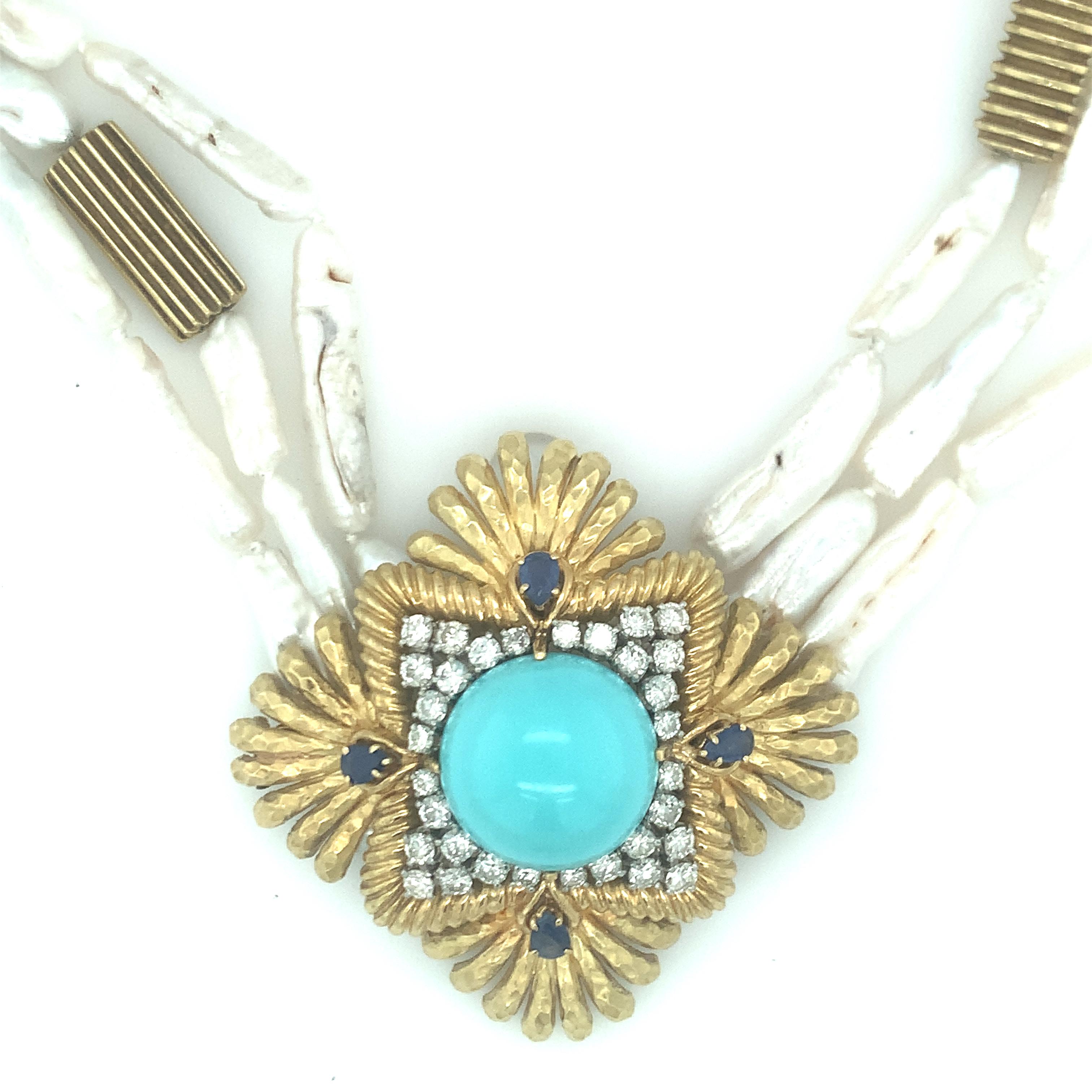 Women's Turquoise, Diamond, Sapphire and Pearl 18K Gold Pendant / Brooch For Sale