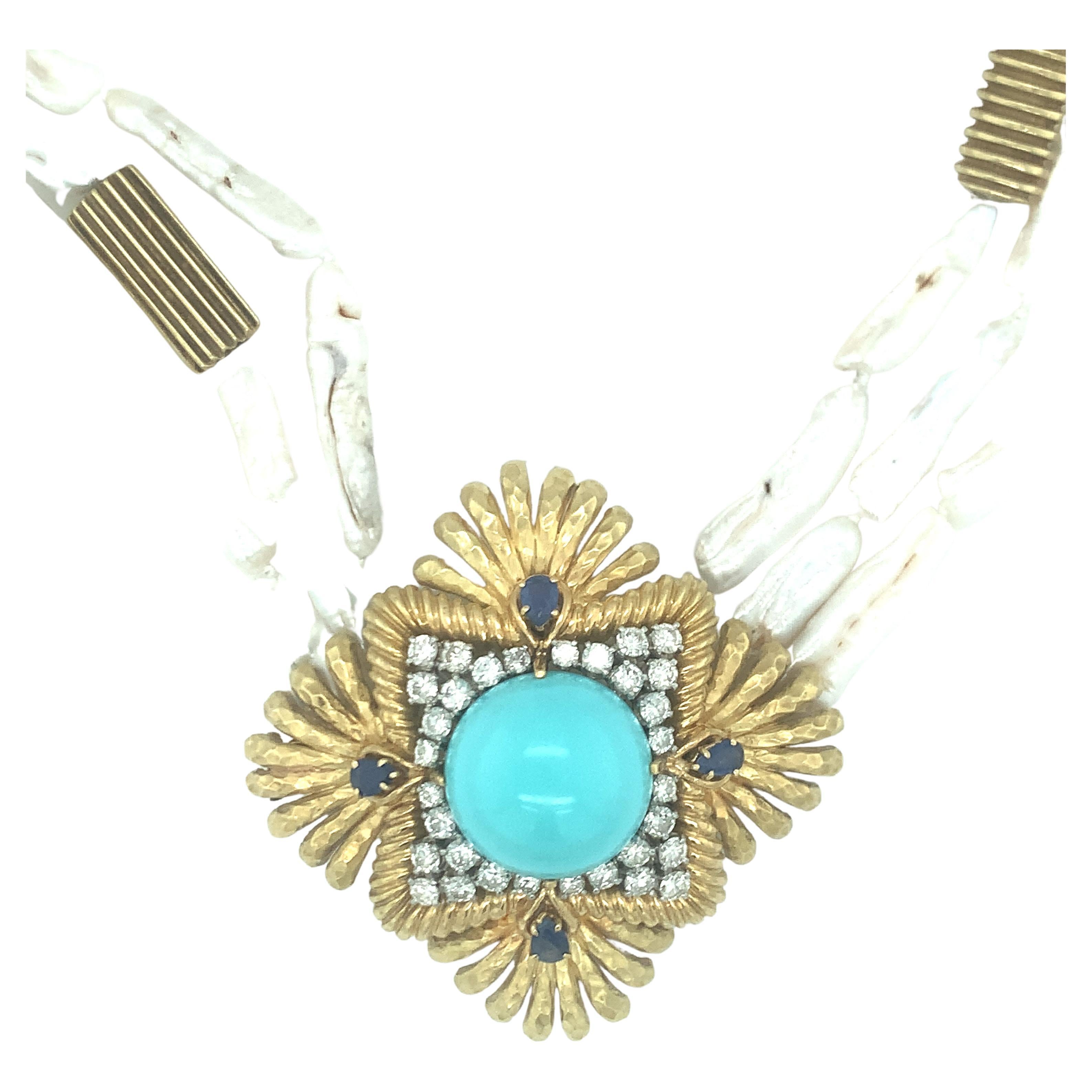 Turquoise, Diamond, Sapphire and Pearl 18K Gold Pendant / Brooch For Sale