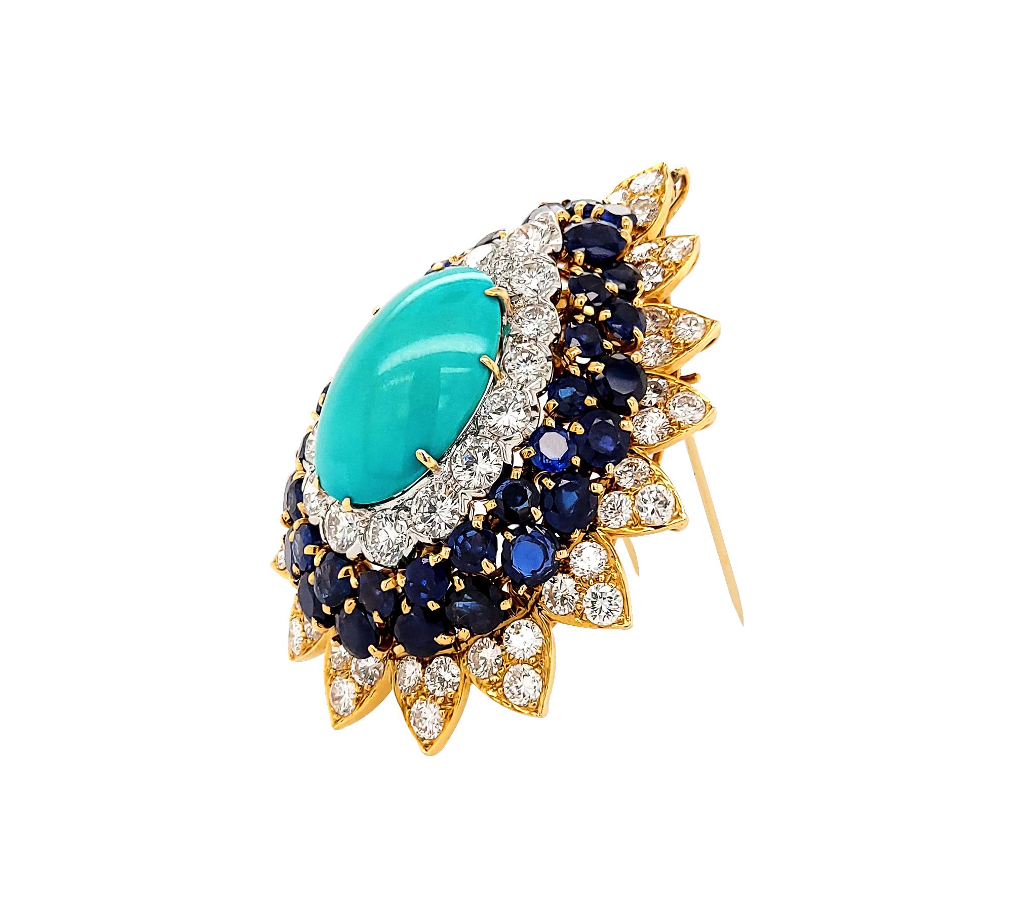 Cabochon Turquoise Diamond Sapphire Brooch Pendant