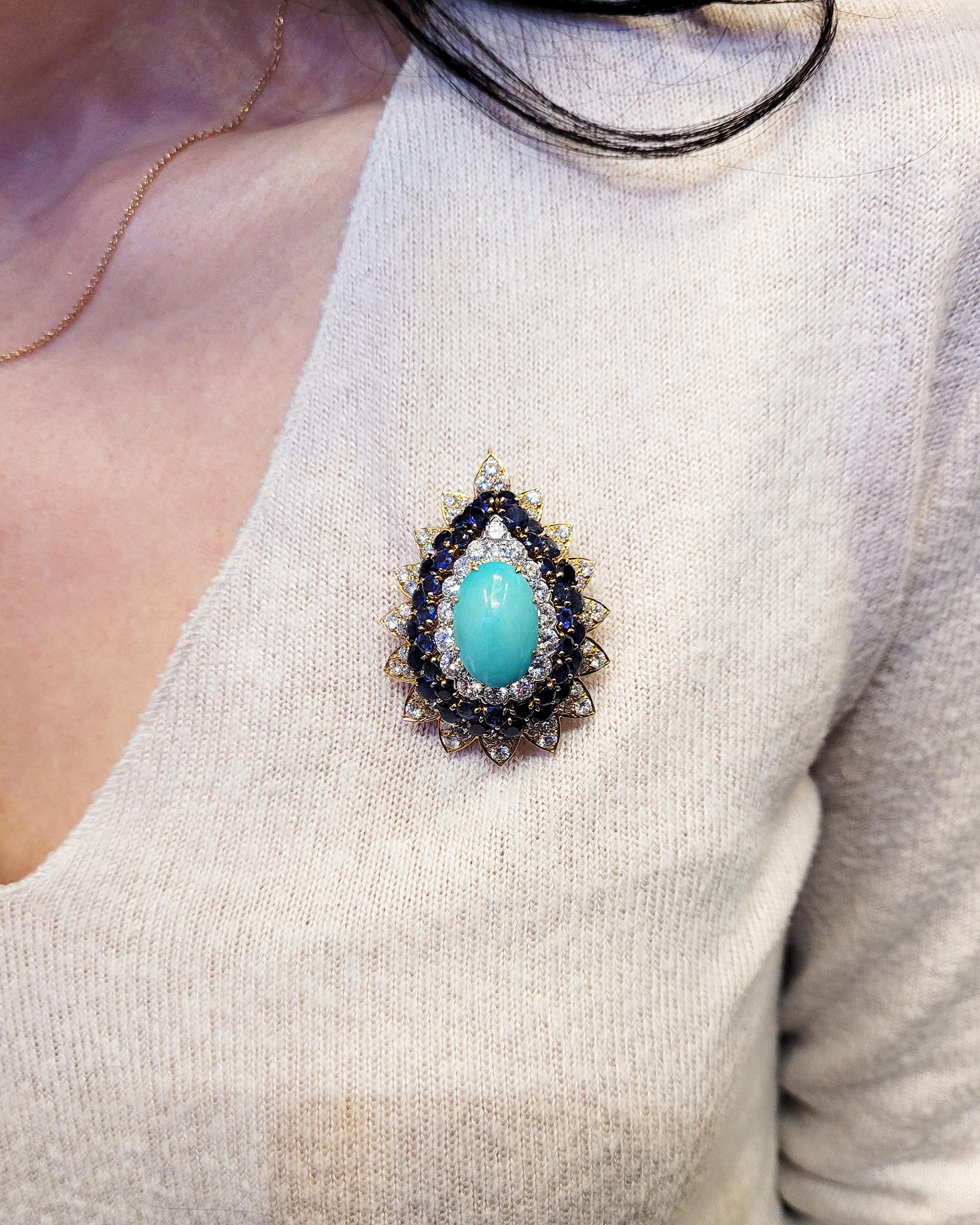 Turquoise Diamond Sapphire Brooch Pendant In Excellent Condition In New York, NY
