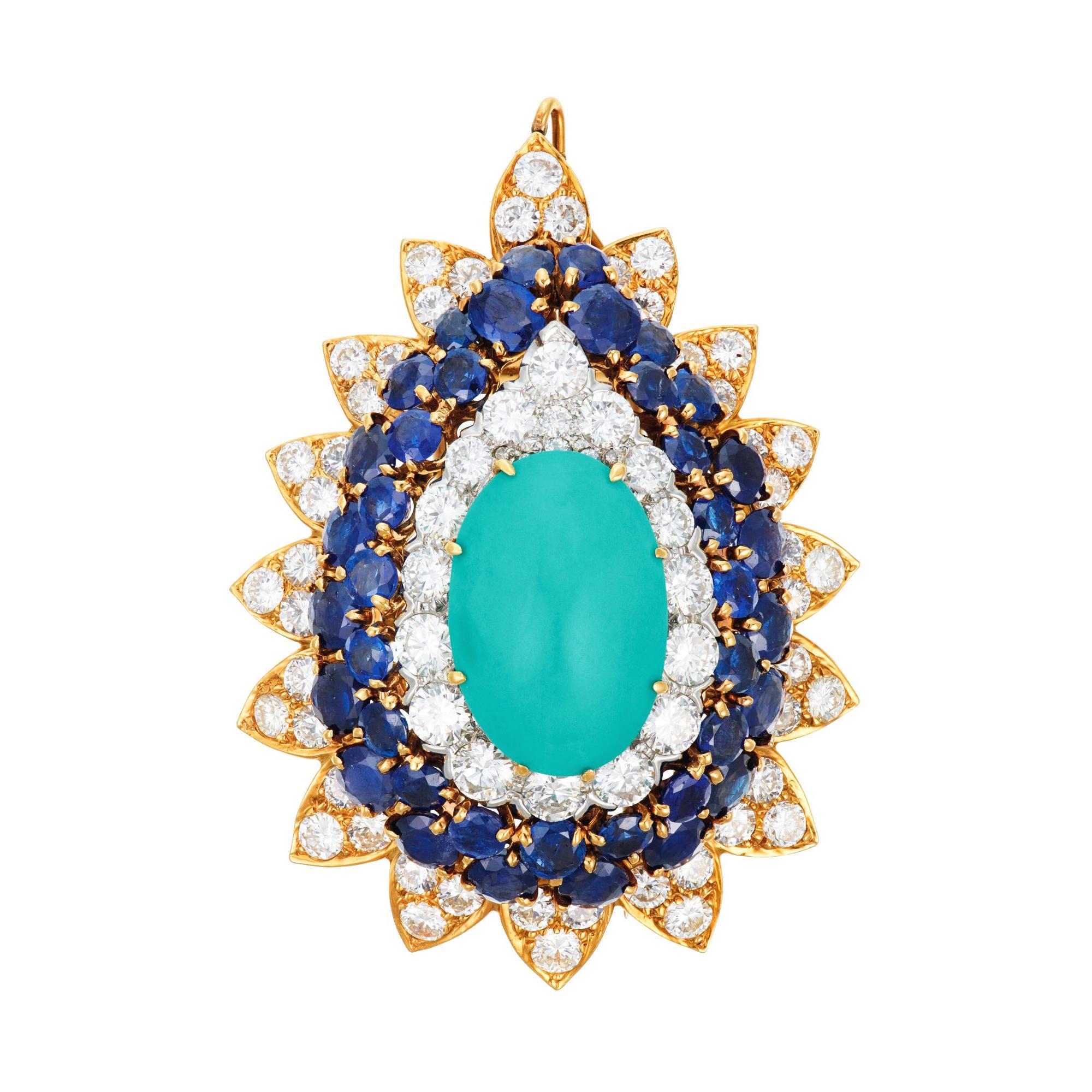 Turquoise Diamond Sapphire Brooch Pendant