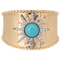 Retro Turquoise Diamond Starburst Ring Wide Band 14 Karat Yellow Gold Fine Jewelry