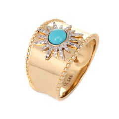 Turquoise Diamond Starburst Ring Wide Band 14 Karat Yellow Gold Fine Jewelry