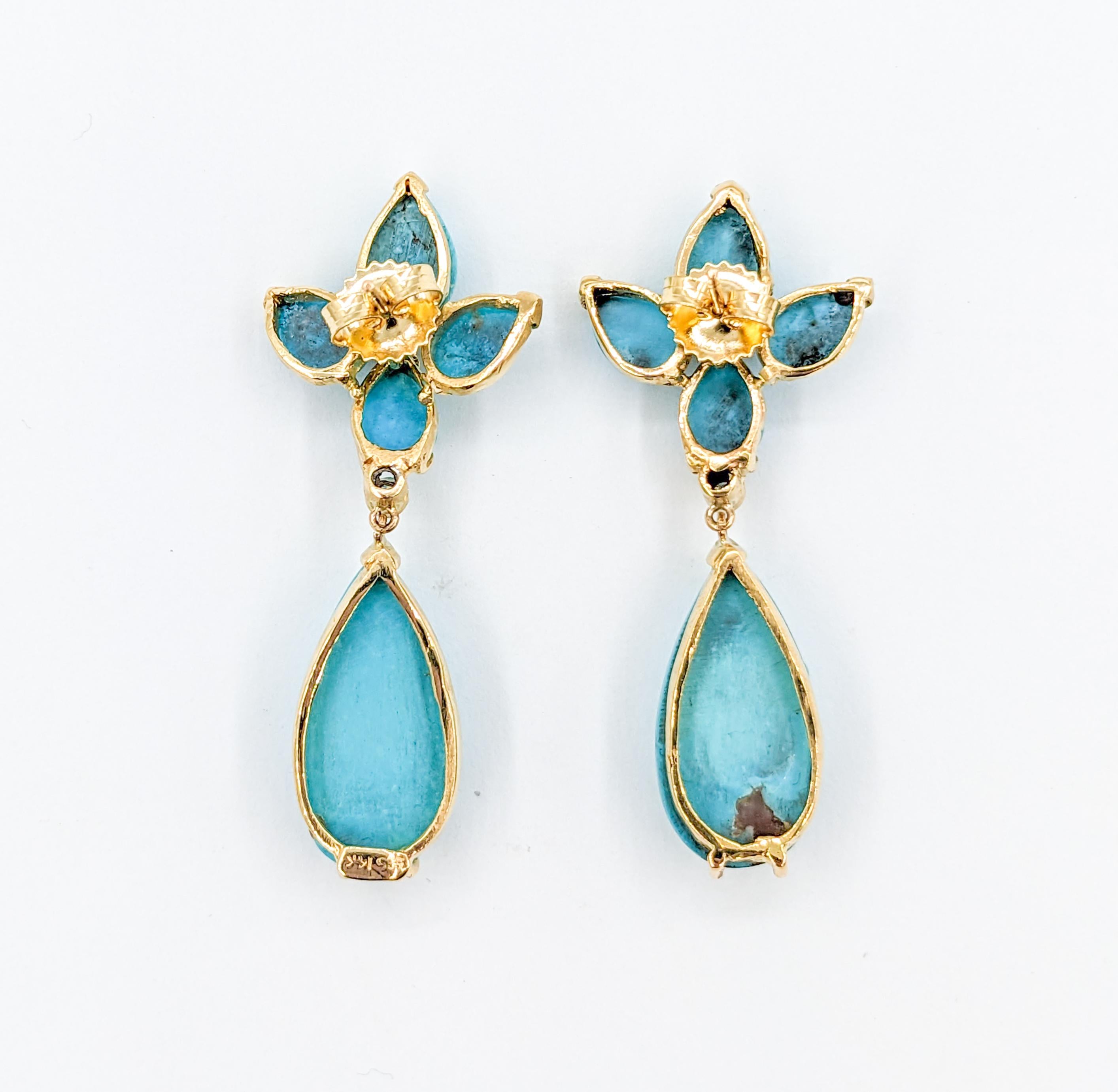 Cabochon Turquoise & Diamond Statement Earrings in Gold For Sale