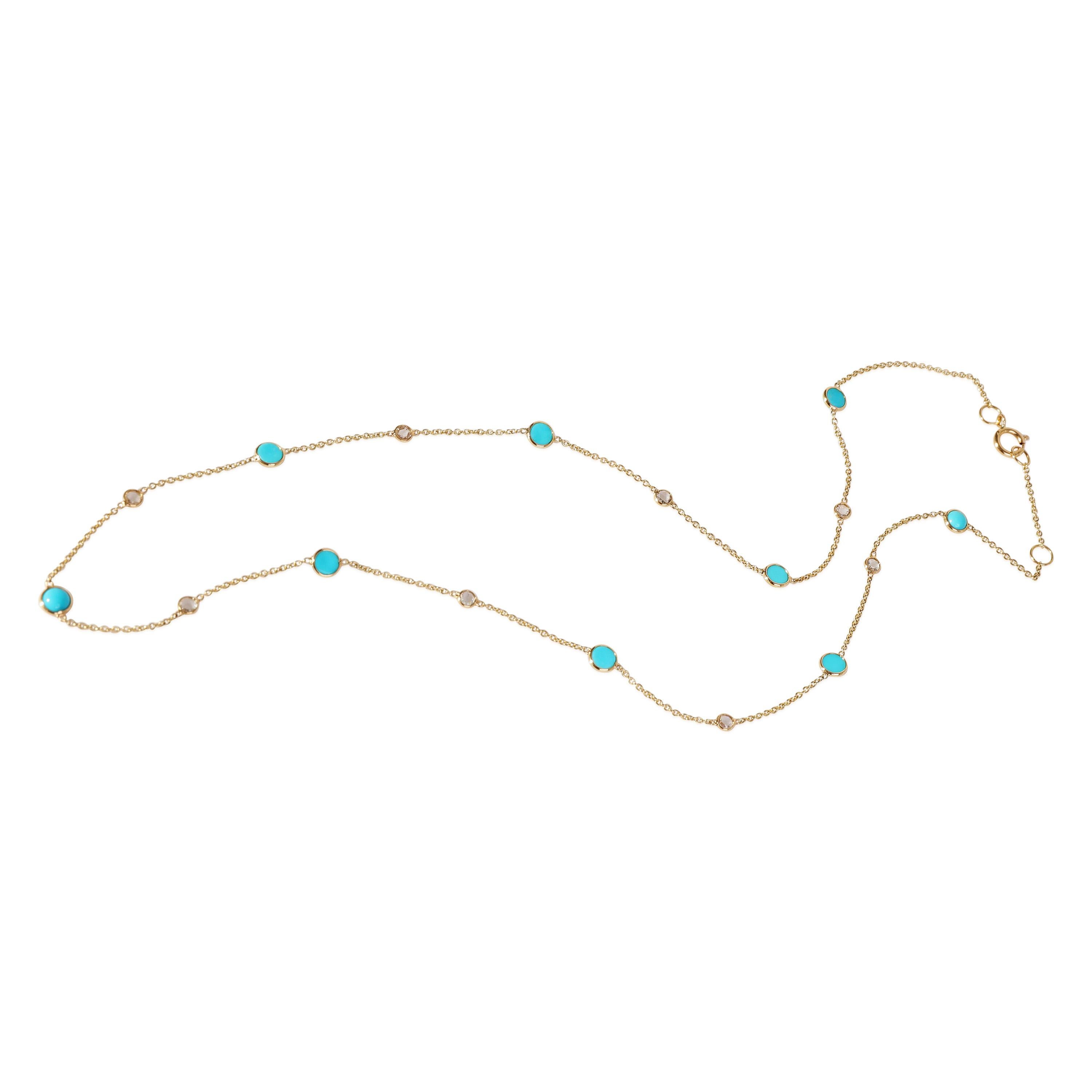 Turquoise Diamond Station Necklace in 18k Yellow Gold 0.09 CTW In Excellent Condition For Sale In New York, NY