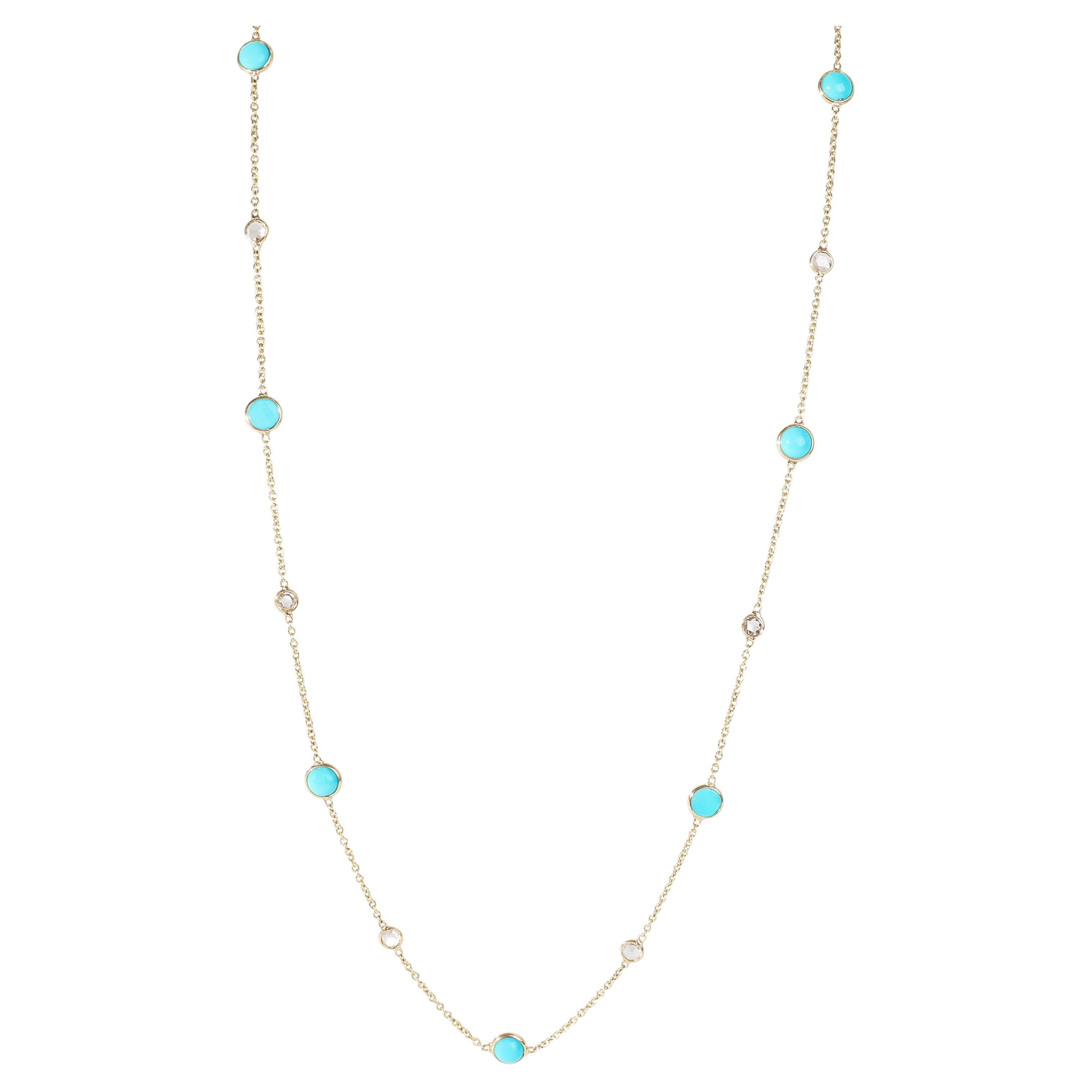 Turquoise Diamond Station Necklace in 18k Yellow Gold 0.09 CTW For Sale