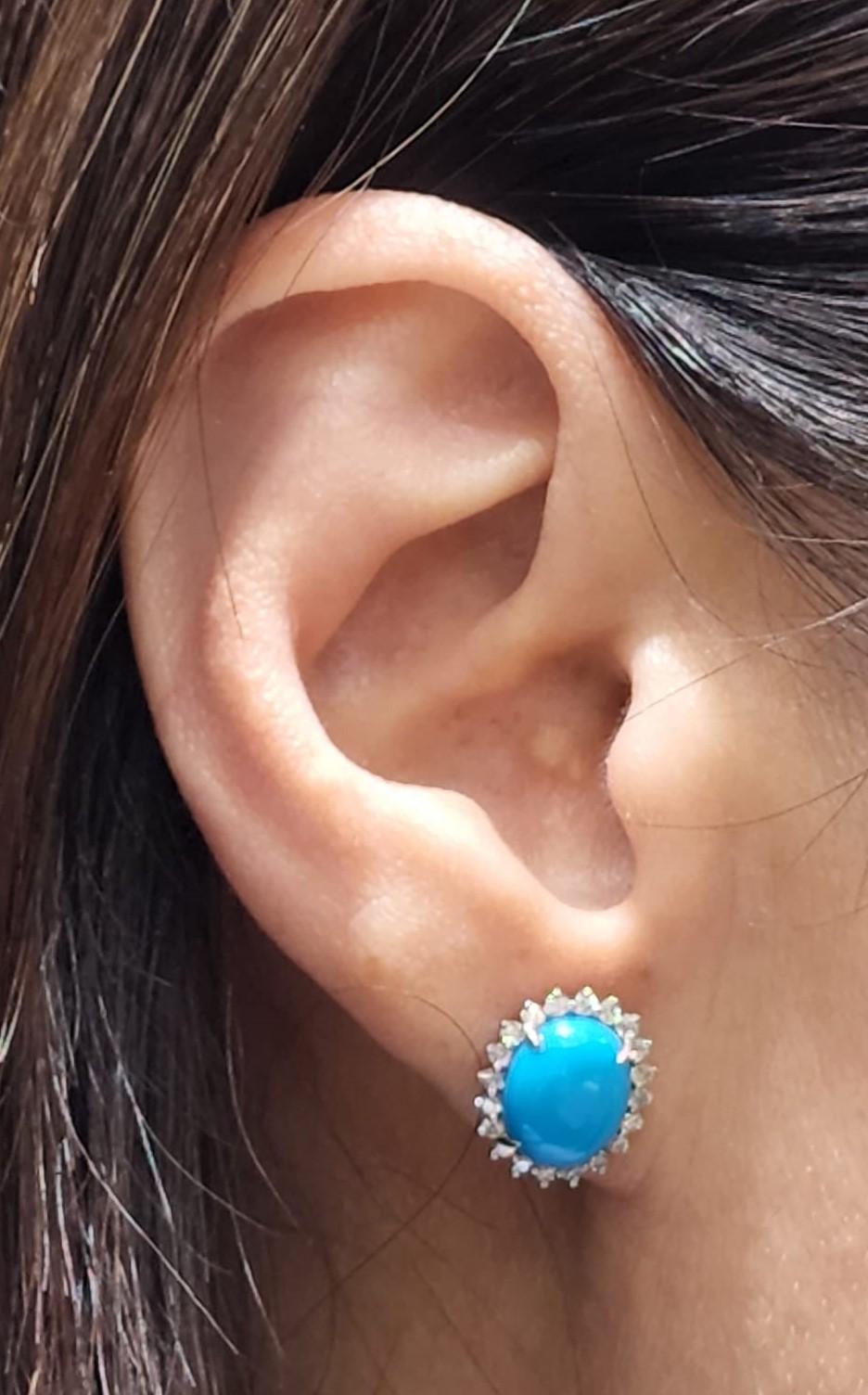 Cabochon Turquoise Diamond Stud Earrings in 18 Karat White Gold
