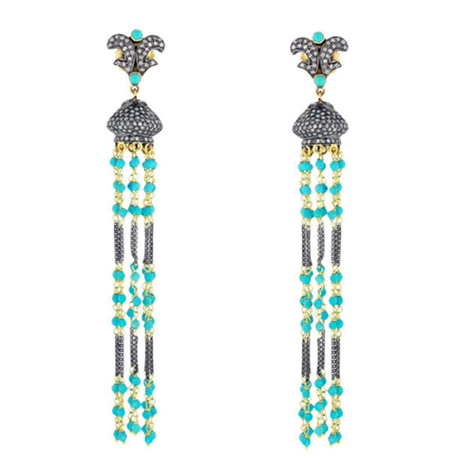 Contemporary Turquoise Diamond Tassel Earrings For Sale
