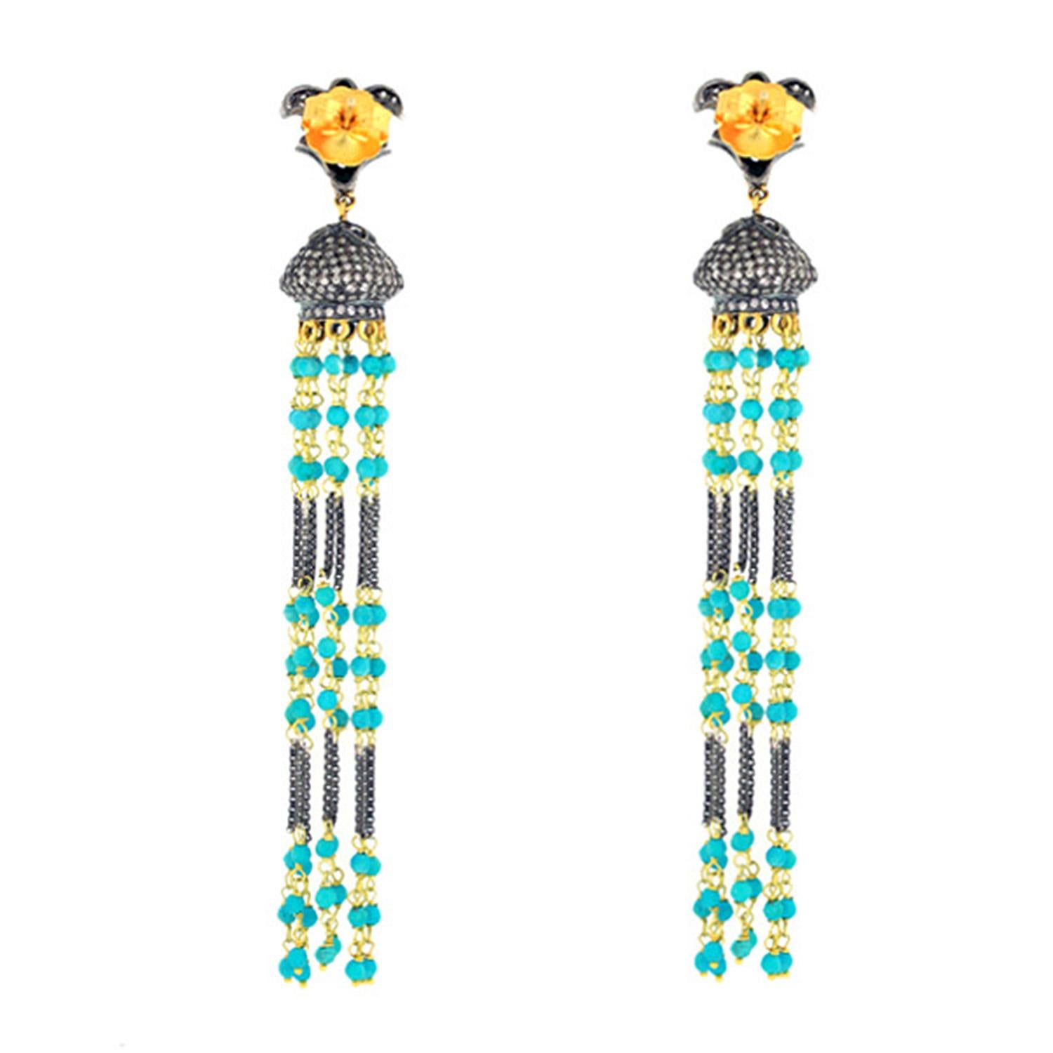 Bead Turquoise Diamond Tassel Earrings For Sale