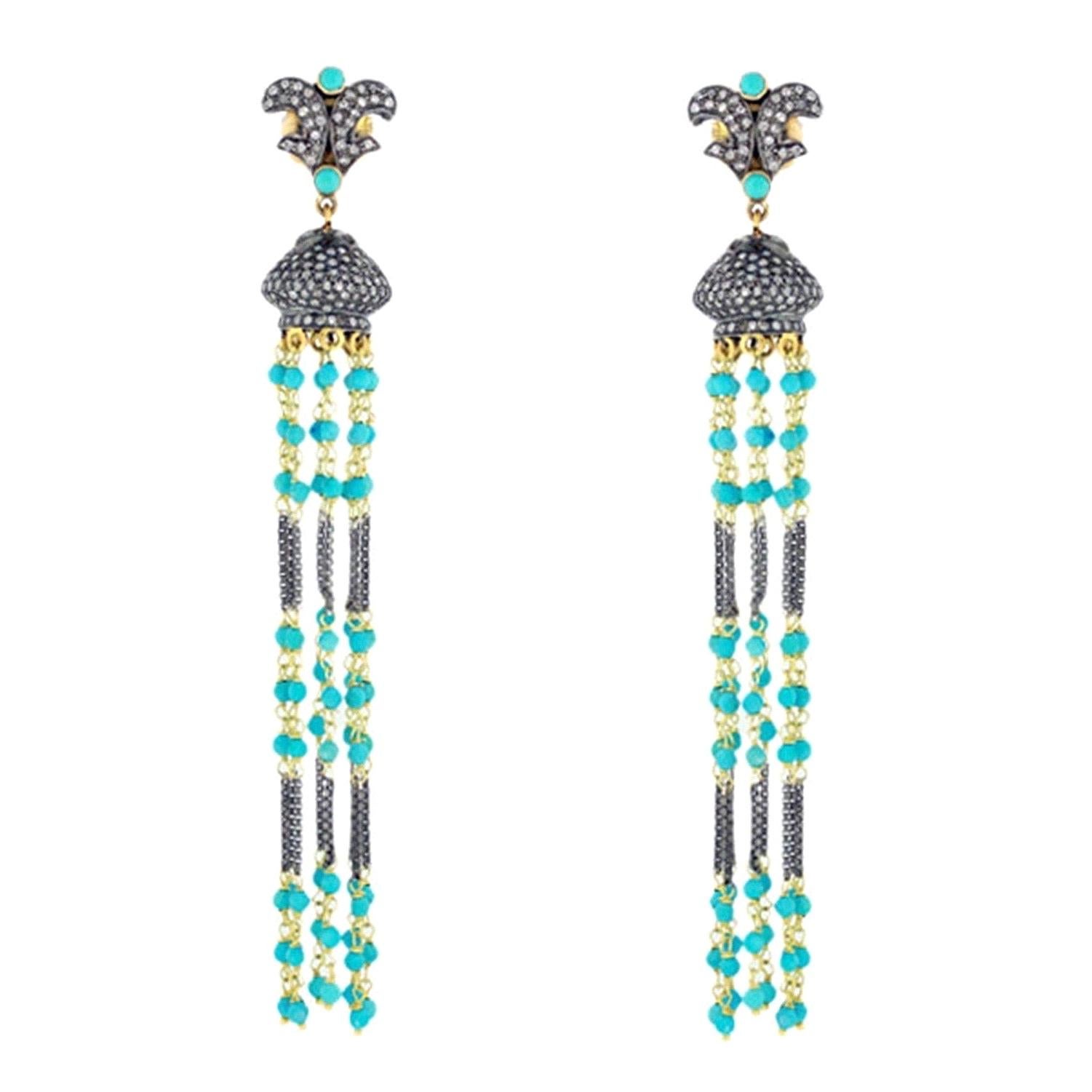 Turquoise Diamond Tassel Earrings