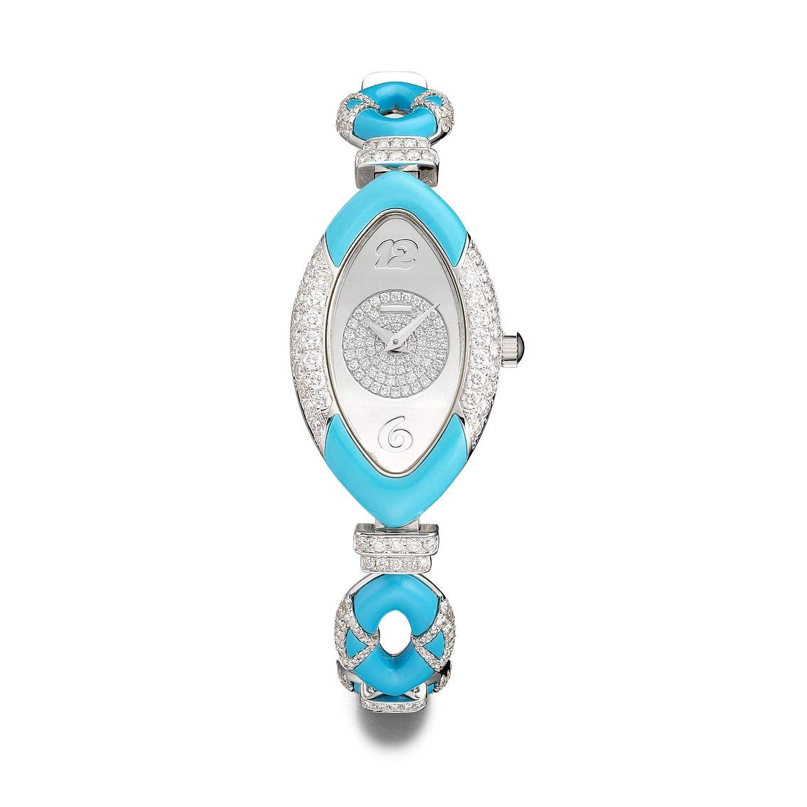 Watch in white gold 18kt set with 26 turqupoise 15.72 cts, case dial and bracelet set with 393 diamonds 3.42 cts quartz movement.      

We do not guarantee the functioning of this watch.         