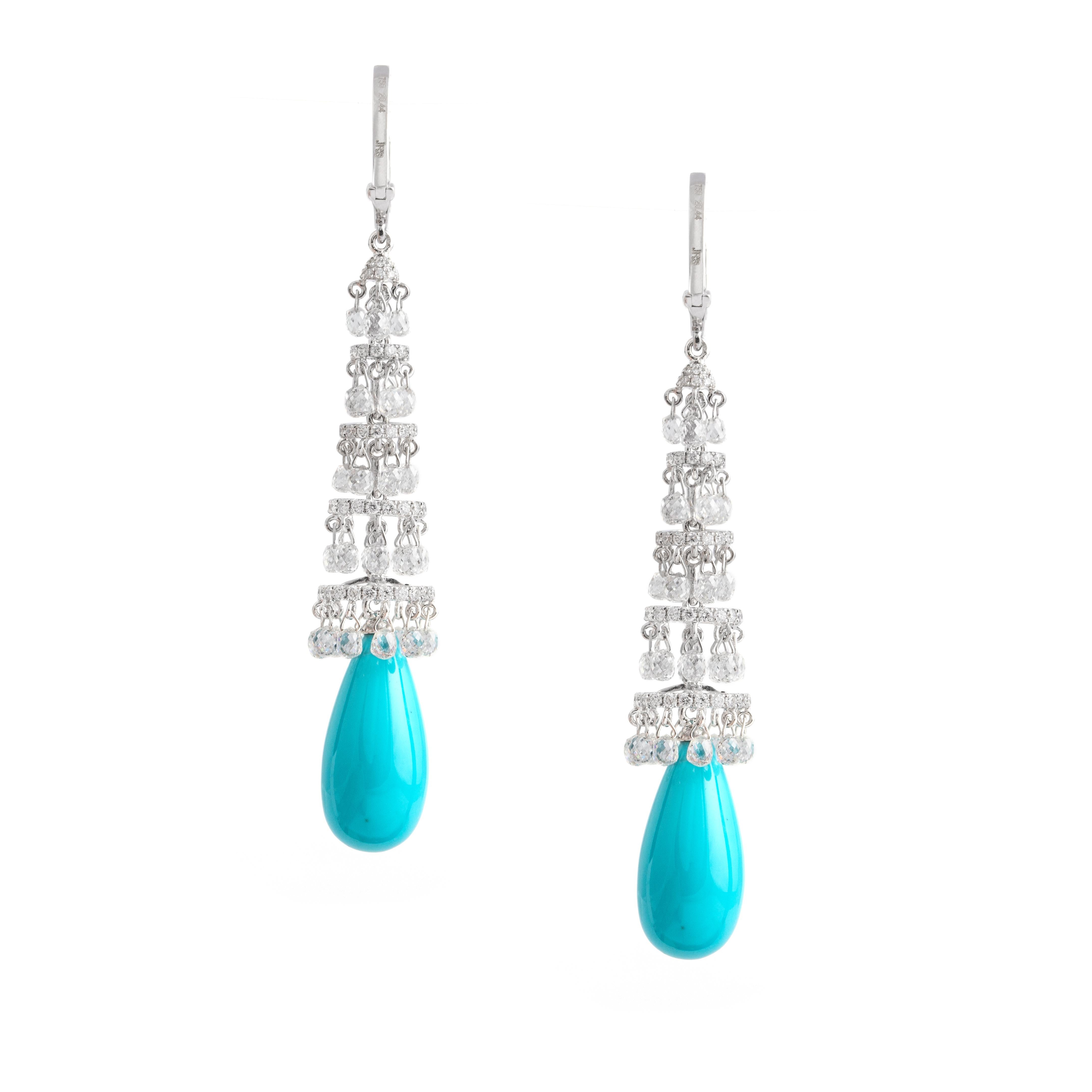 Contemporary Turquoise Diamond White Gold 18K Drop Chandelier Earrings For Sale