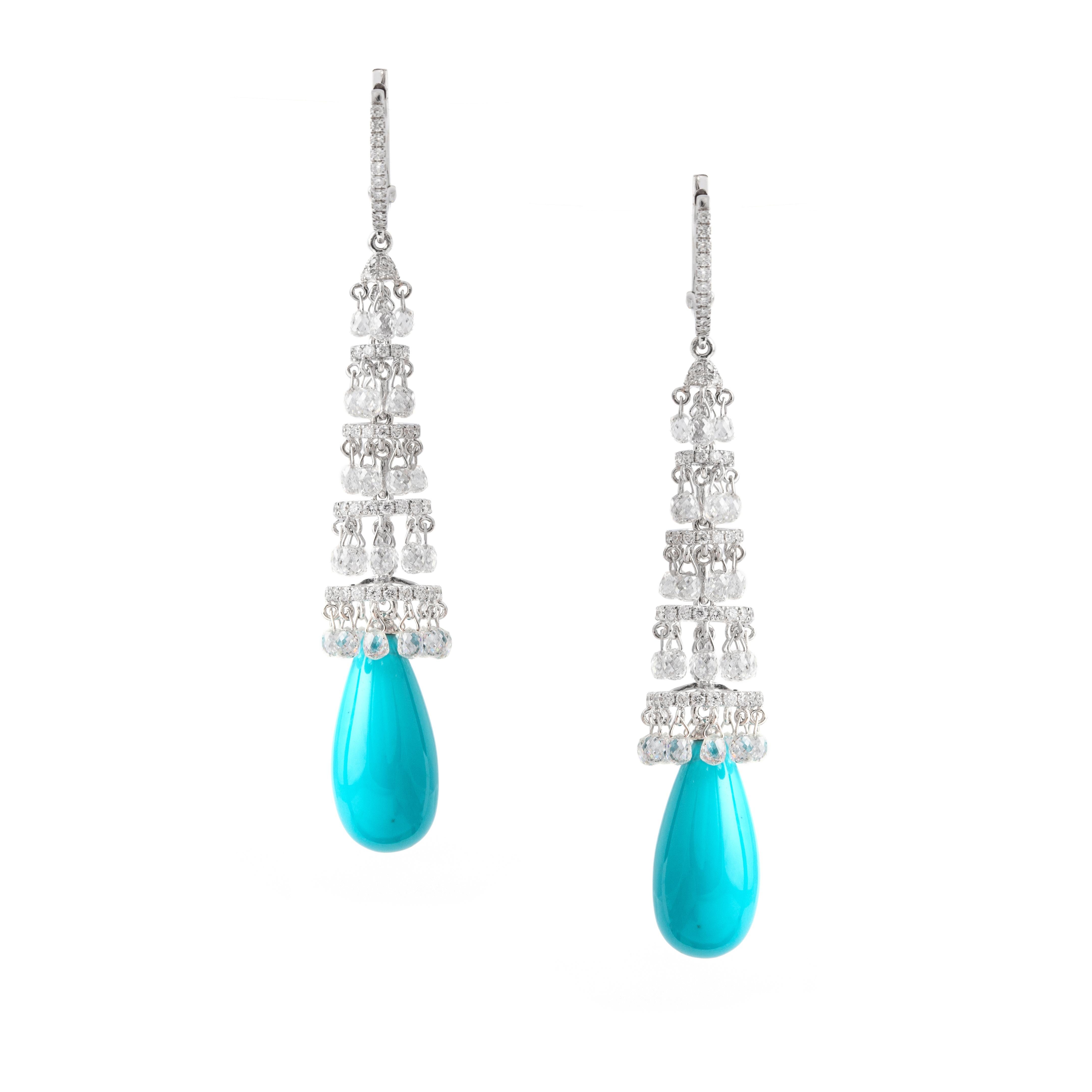 Briolette Cut Turquoise Diamond White Gold 18K Drop Chandelier Earrings For Sale