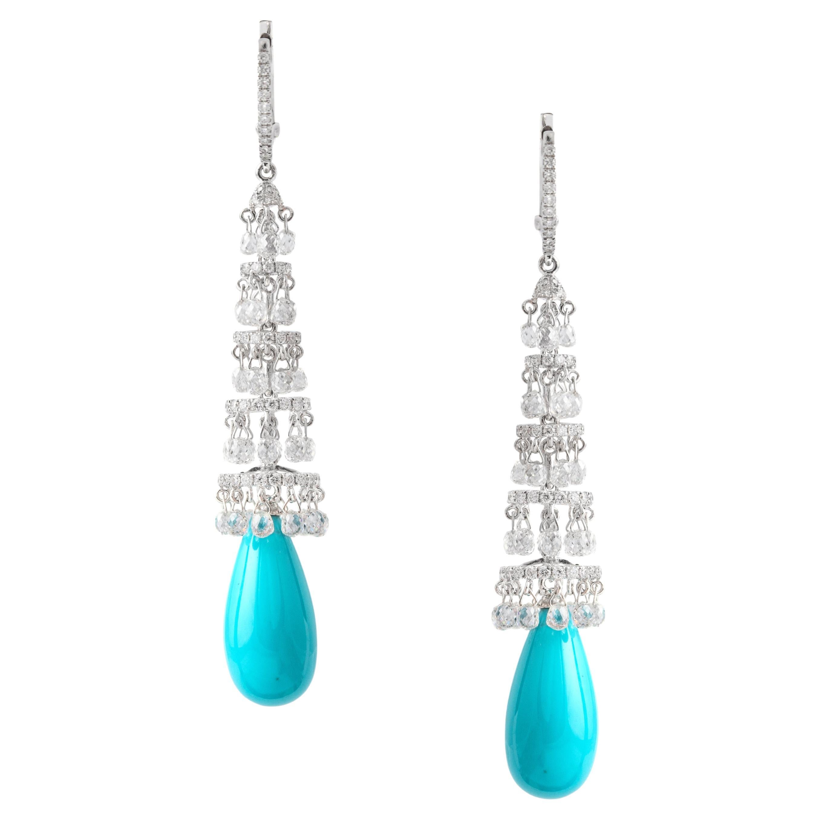 Turquoise Diamond White Gold 18K Drop Chandelier Earrings For Sale