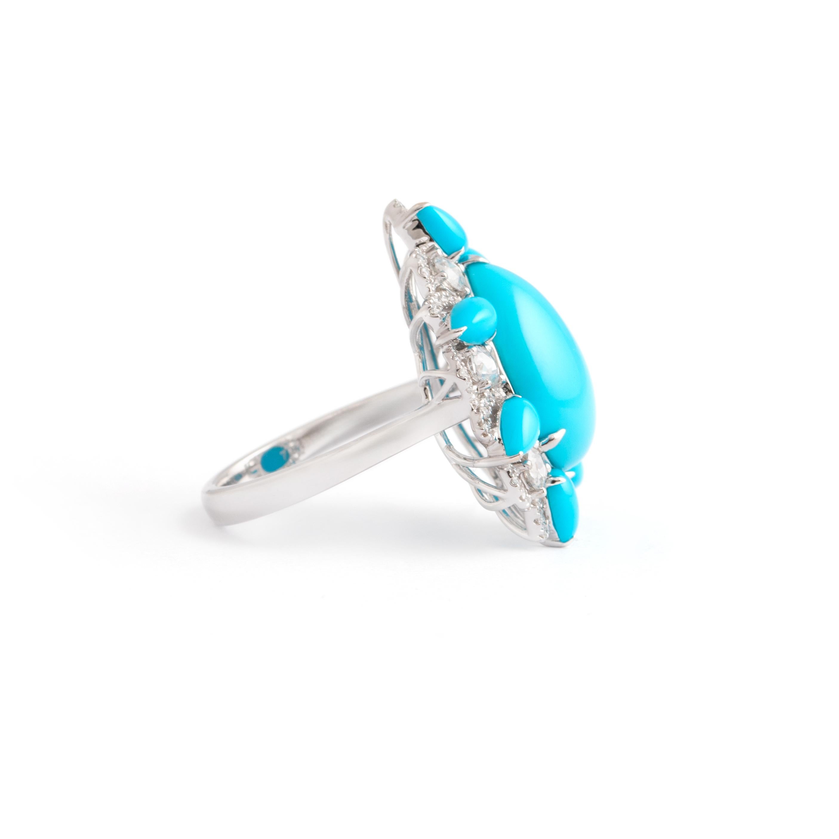 Turquoise Diamond White Gold 18K Ring In New Condition For Sale In Geneva, CH