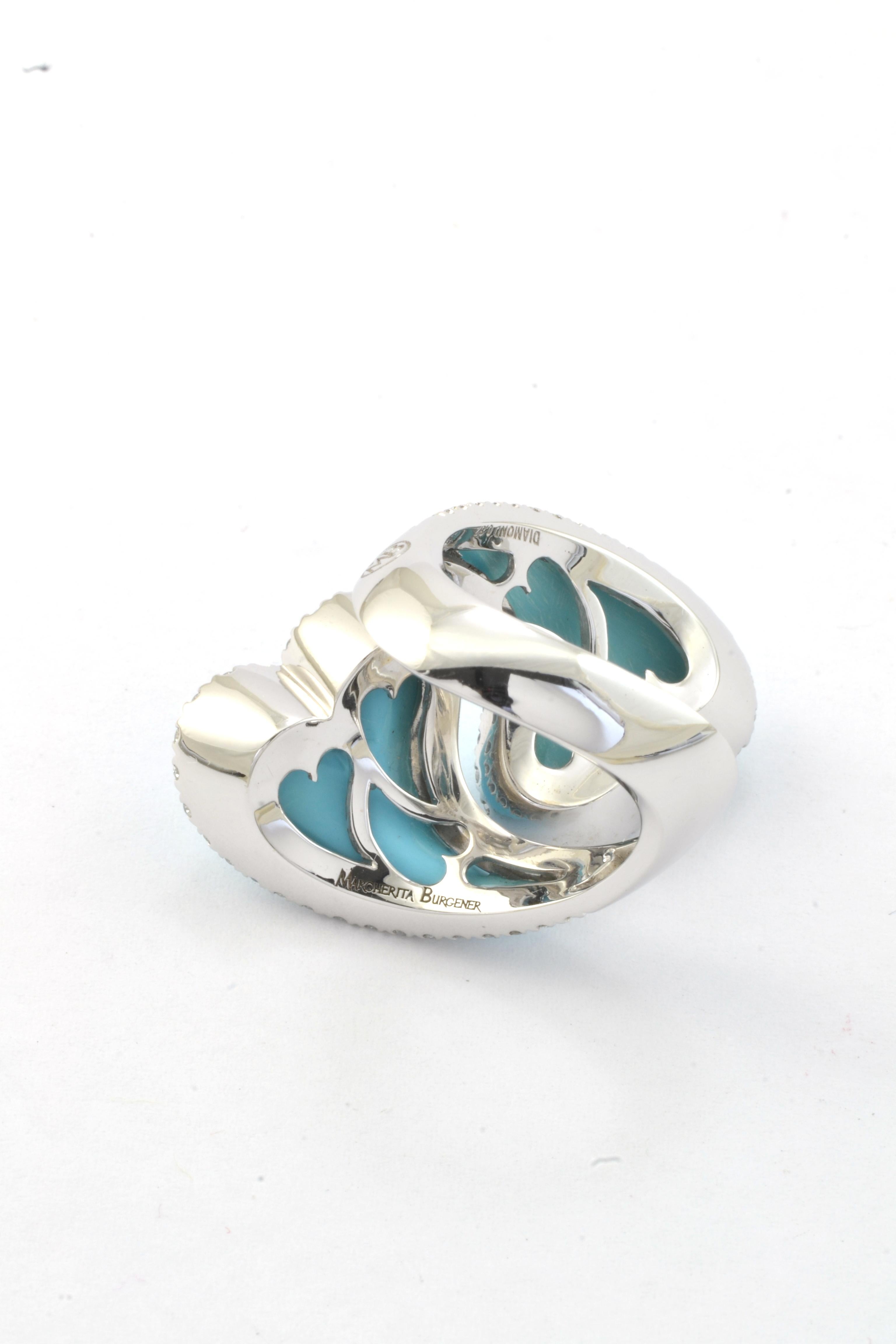Contemporary Turquoise Diamond 18KT White Gold Toi et Moi  Hearts Made in Italy Ring For Sale