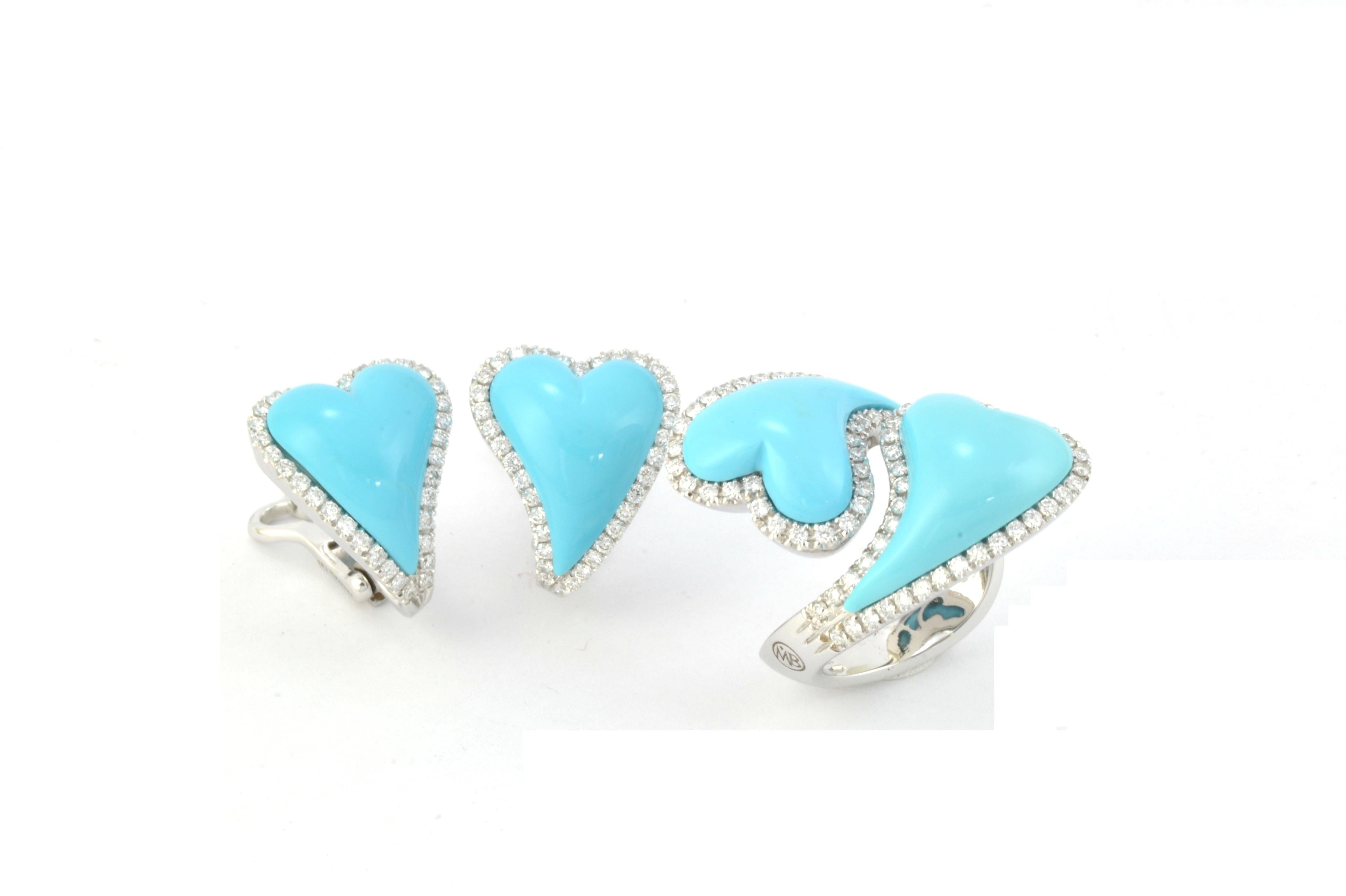 Heart Cut Turquoise Diamond 18KT White Gold Toi et Moi  Hearts Made in Italy Ring For Sale