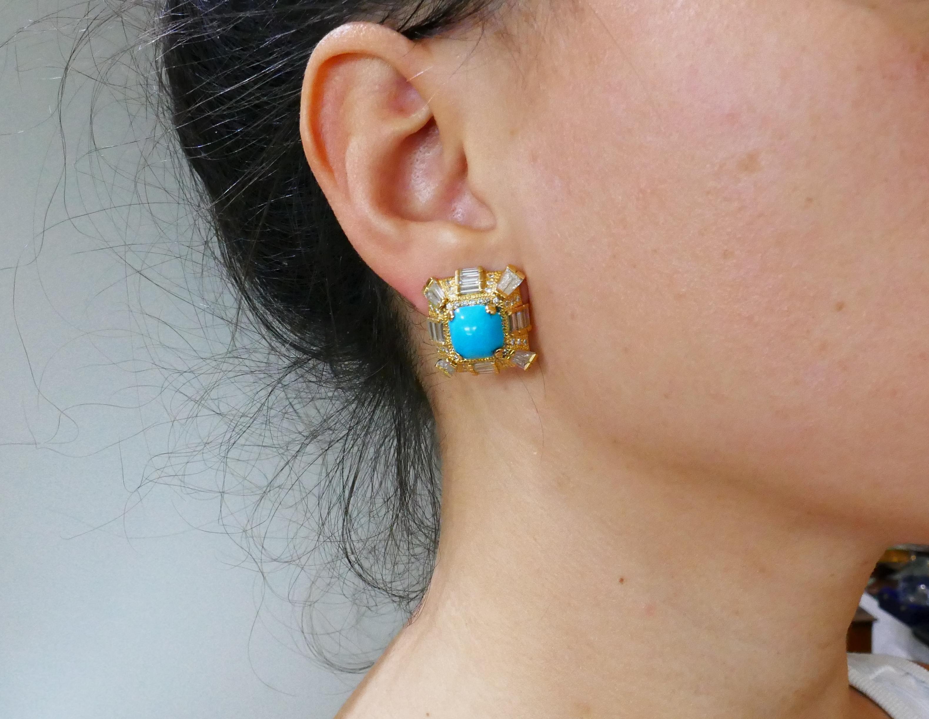 Turquoise Diamond Yellow Gold Earrings For Sale 3