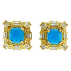 Vintage Turquoise Diamond Yellow Gold Earrings
