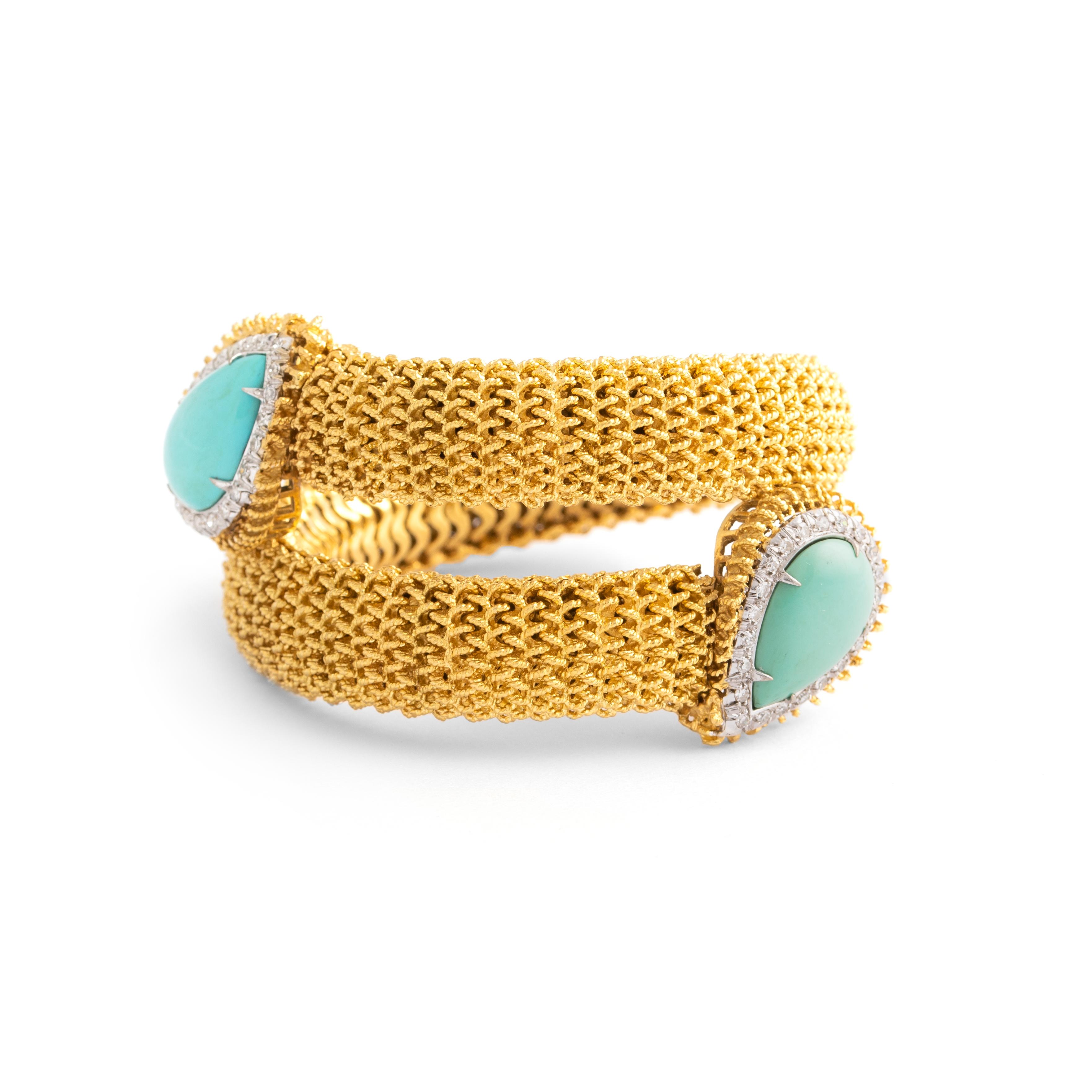 Cabochon Turquoise Diamond Yellow Gold Stylized Snake Bracelet, 1960s For Sale