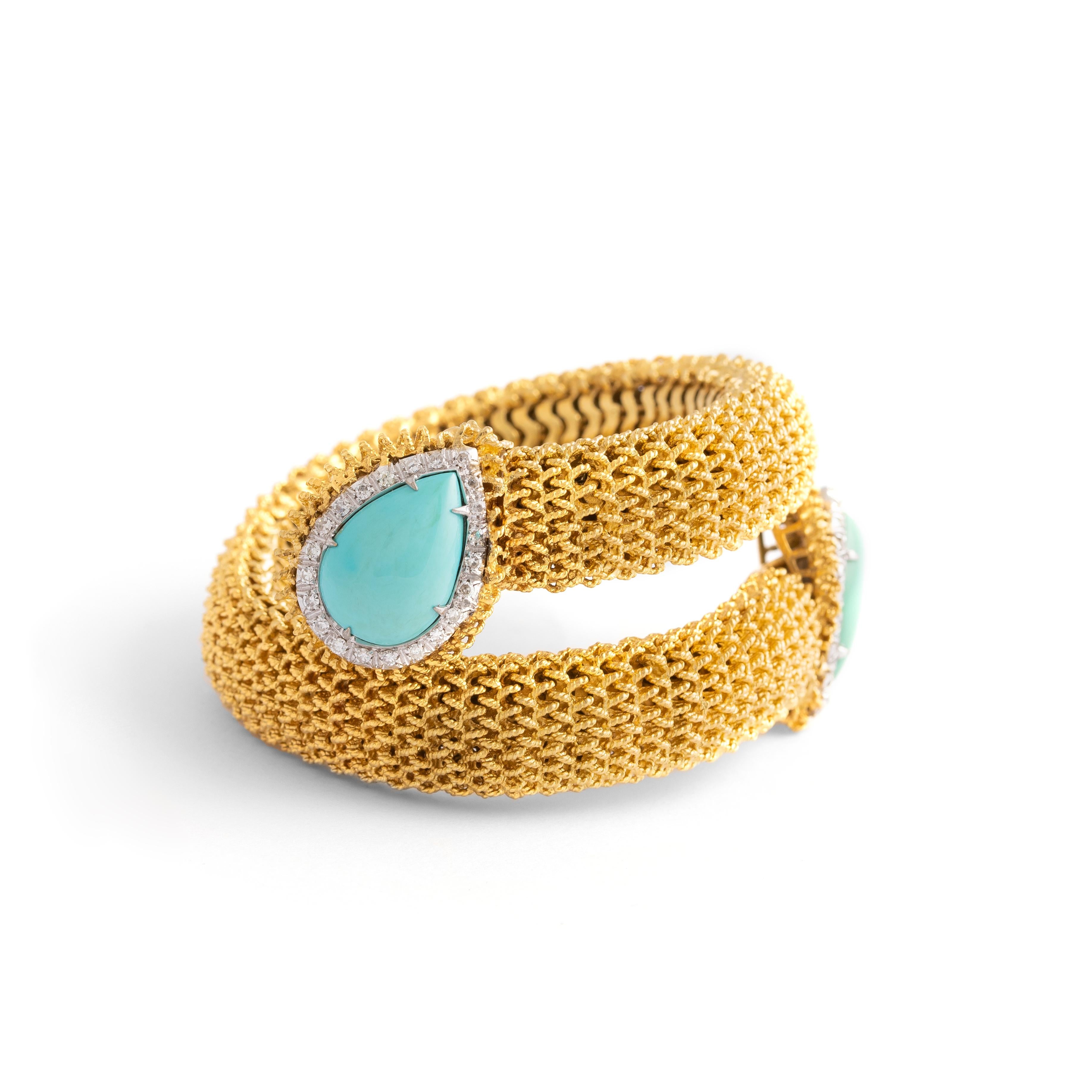 Bracelet serpent stylisé en or jaune avec turquoise et diamants, années 1960 Excellent état - En vente à Geneva, CH