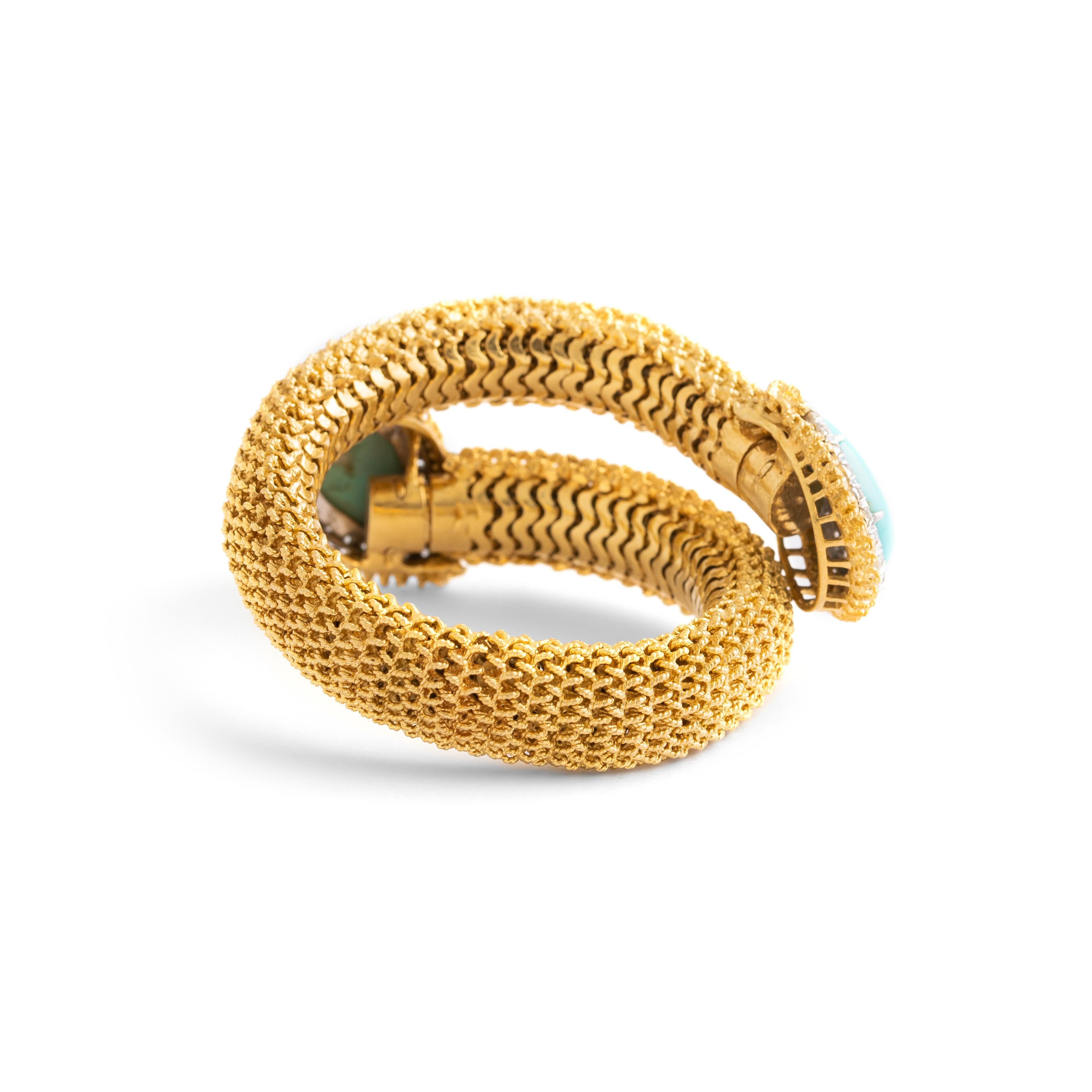 Women's or Men's Turquoise Diamond Yellow Gold Stylized Snake Bracelet, 1960s For Sale