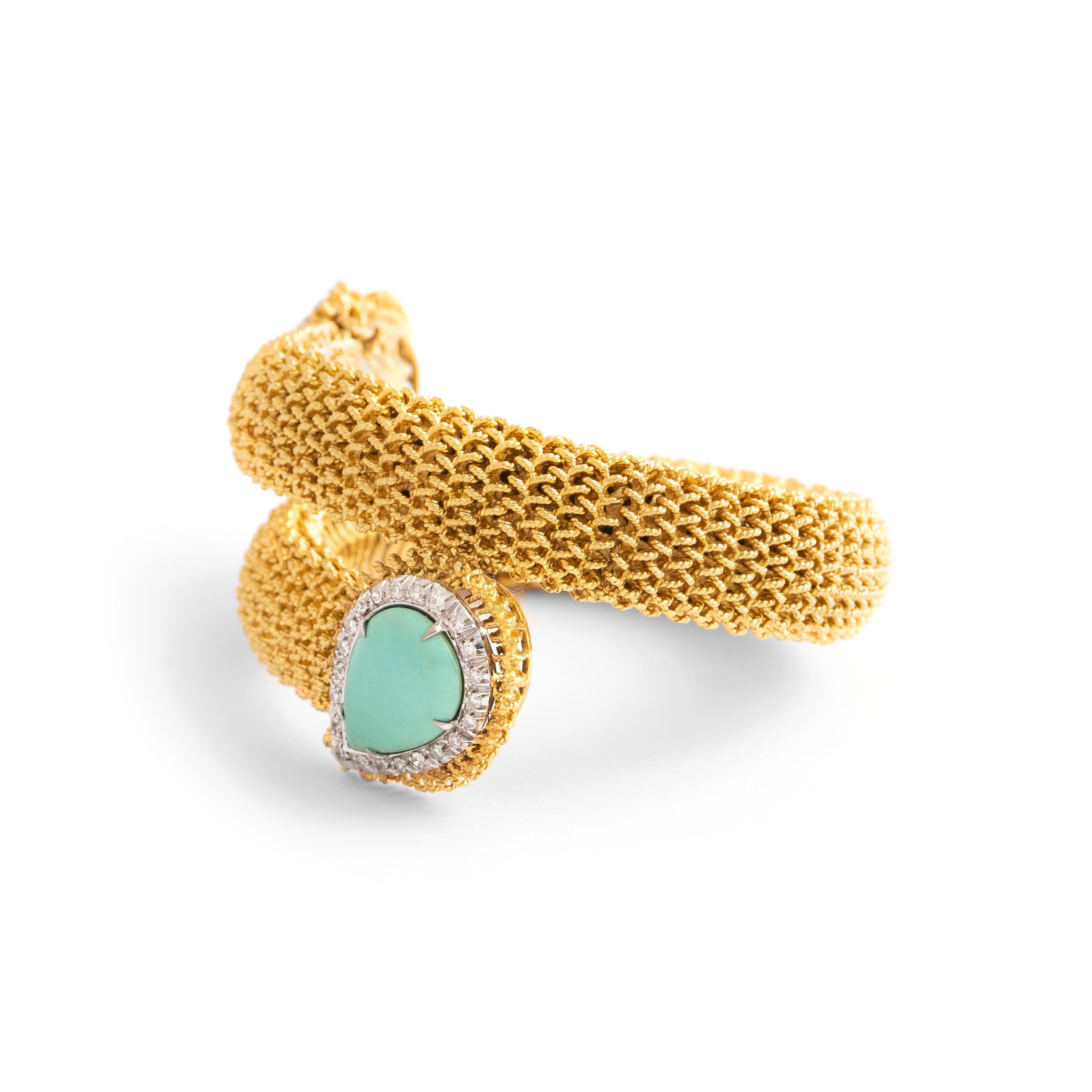 Turquoise Diamond Yellow Gold Stylized Snake Bracelet, 1960s For Sale 1