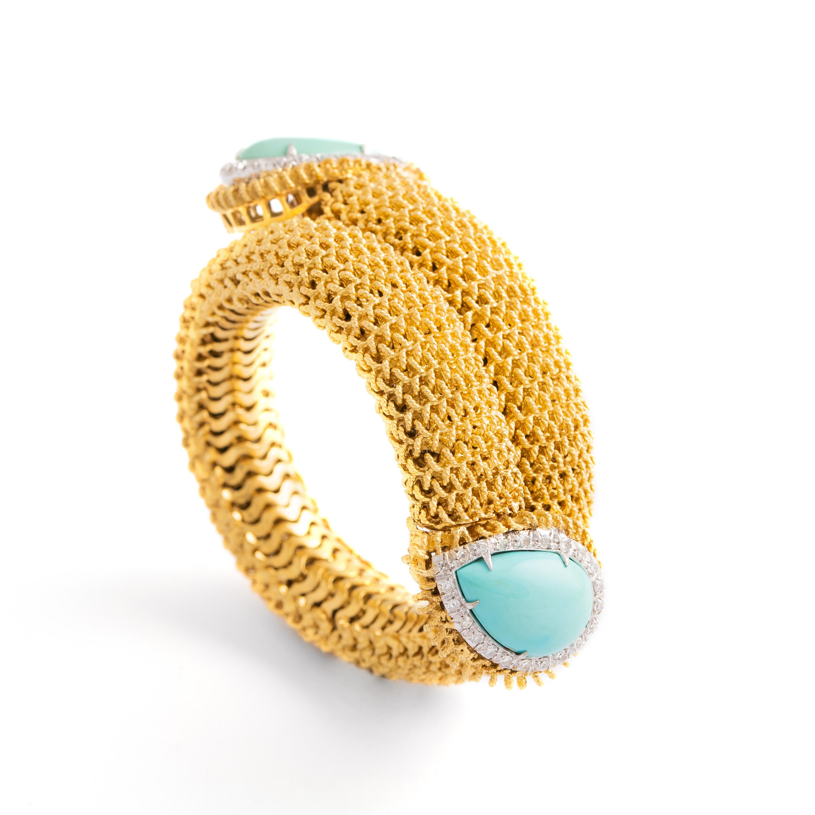 Turquoise Diamond Yellow Gold Stylized Snake Bracelet, 1960s For Sale 2