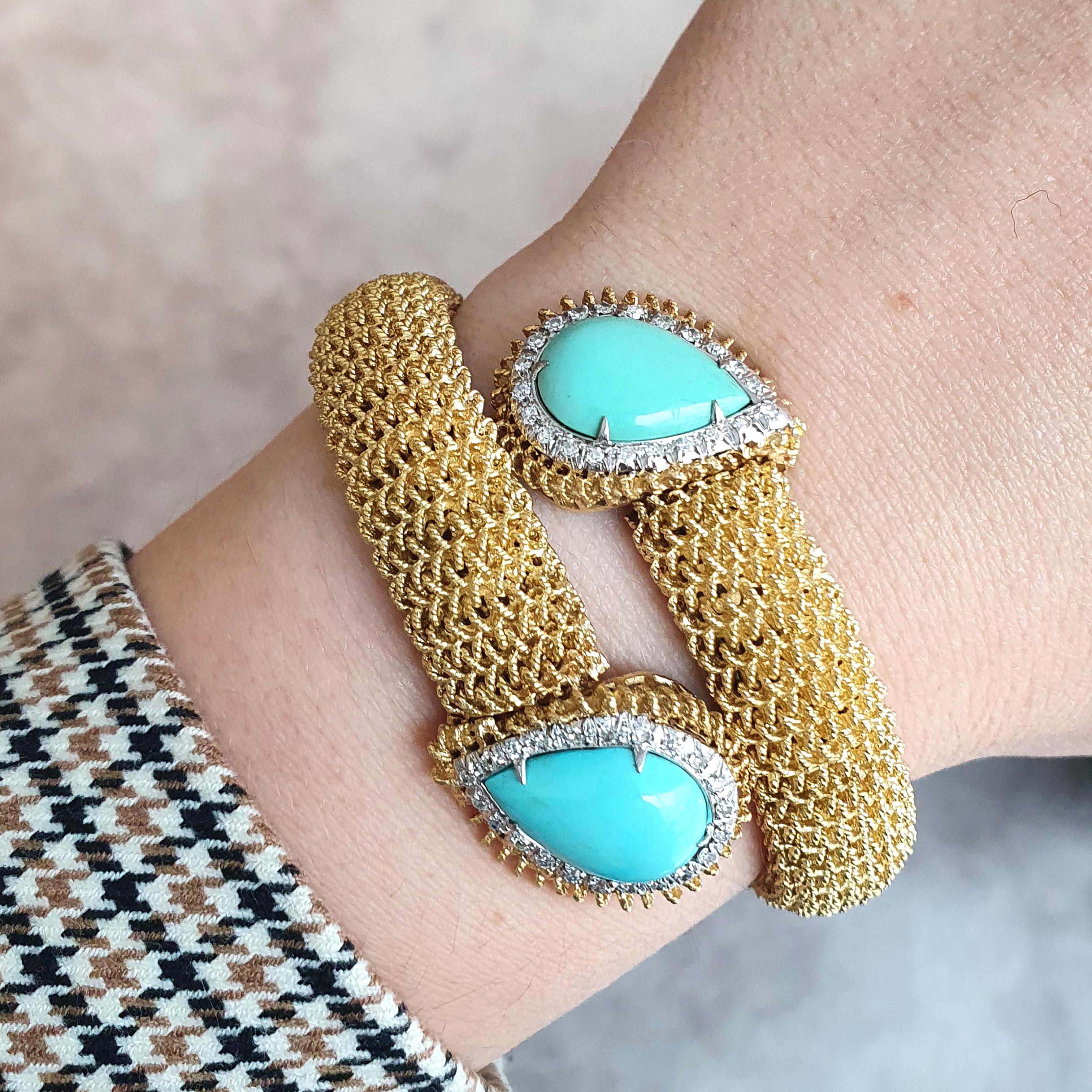 Bracelet serpent stylisé en or jaune avec turquoise et diamants, années 1960 en vente 3