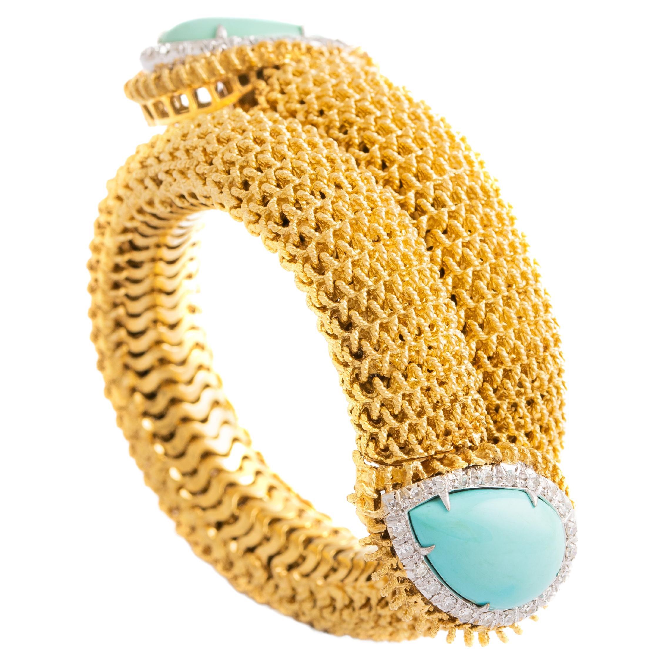 Bracelet serpent stylisé en or jaune avec turquoise et diamants, années 1960
