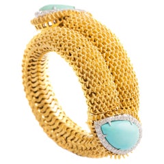 Turquoise Diamond Yellow Gold Stylized Snake Bracelet, 1960s