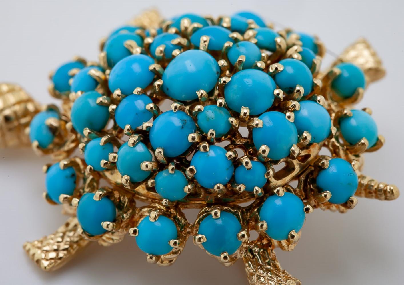 Cabochon Turquoise, Diamond, Yellow Gold Turtle Brooch For Sale