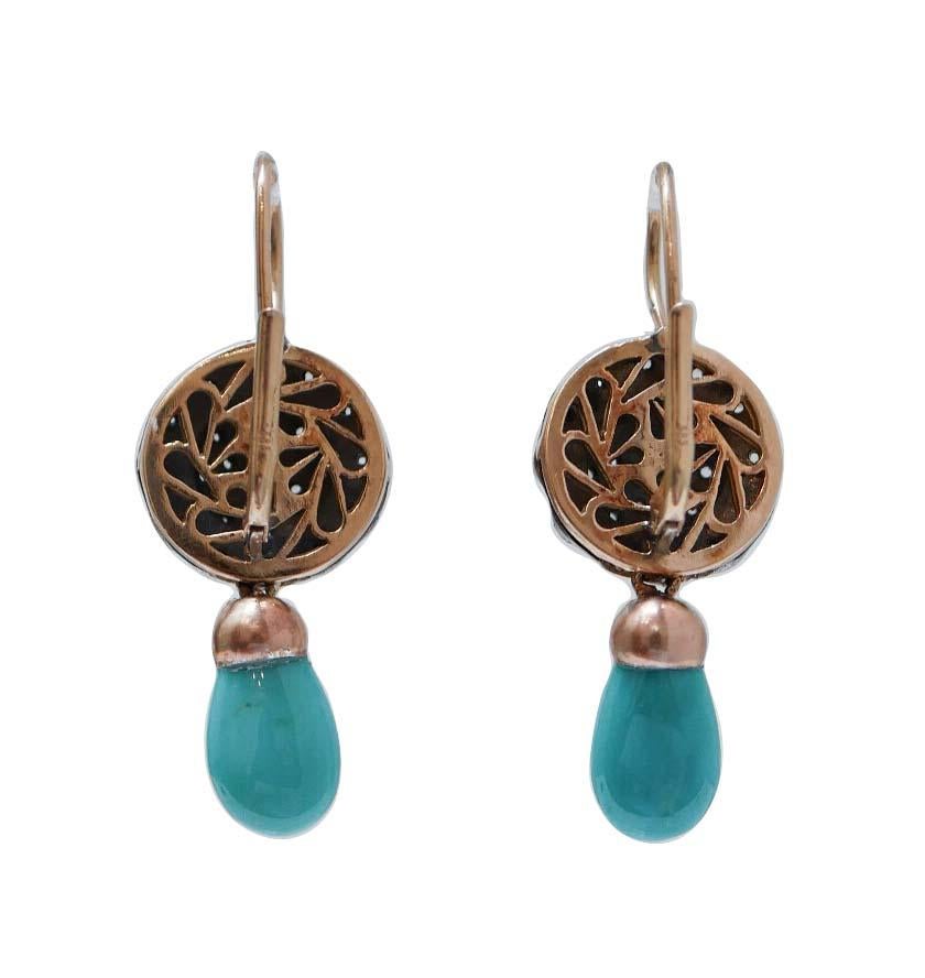 Rétro Orecchini in turchese, diamanti, oro rosa 14 carati e argento. in vendita