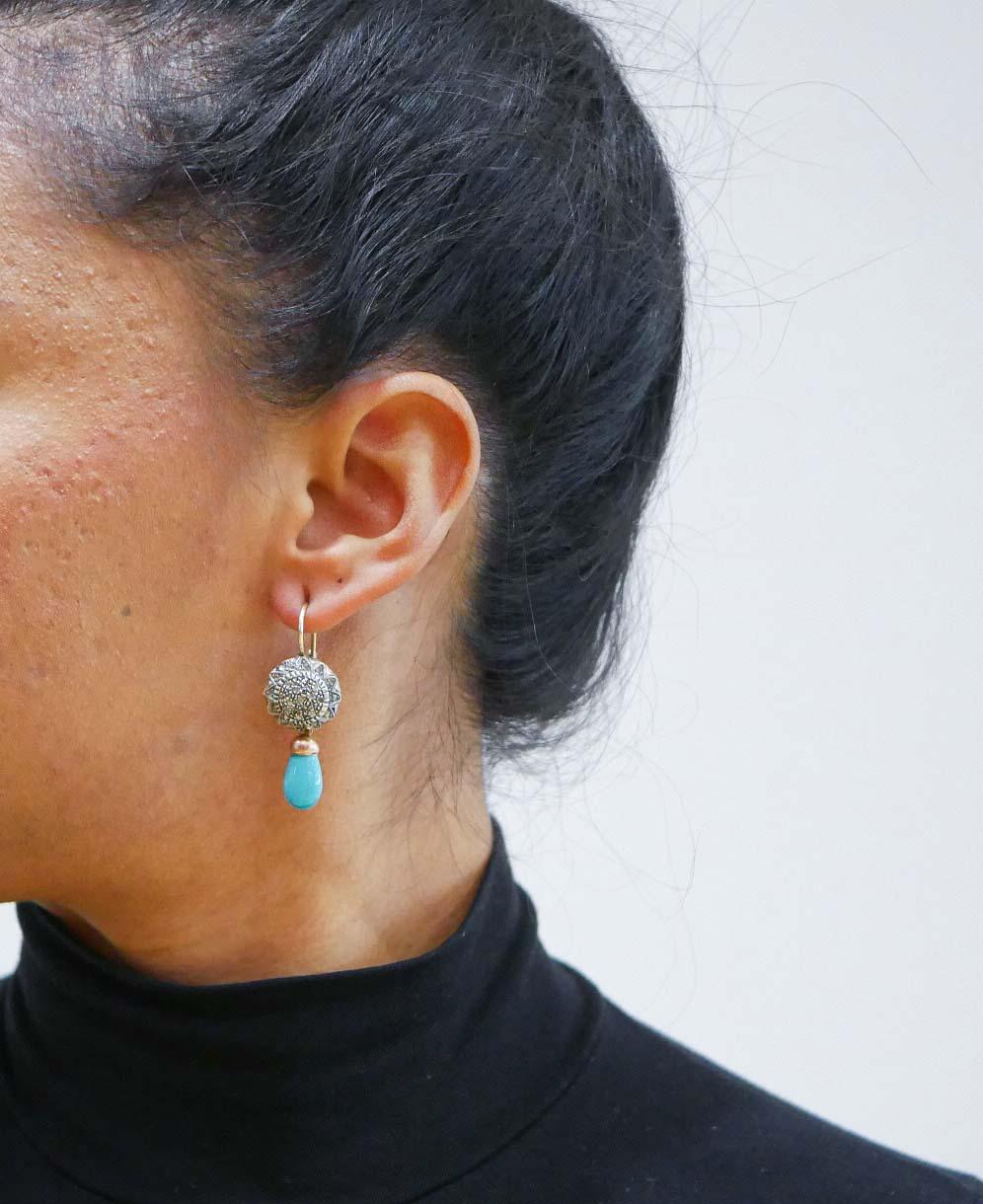 Taglio misto Orecchini in turchese, diamanti, oro rosa 14 carati e argento. in vendita