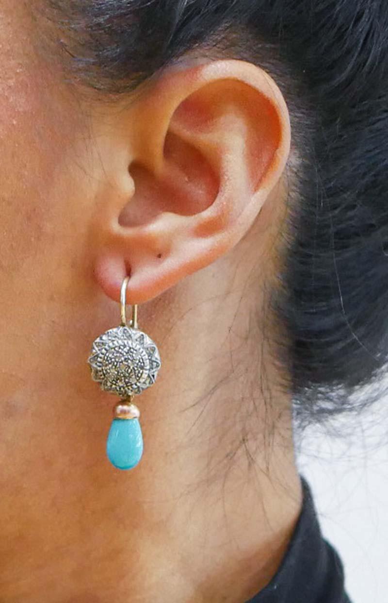 Orecchini in turchese, diamanti, oro rosa 14 carati e argento. In condizioni buone in vendita a Marcianise, Marcianise (CE)