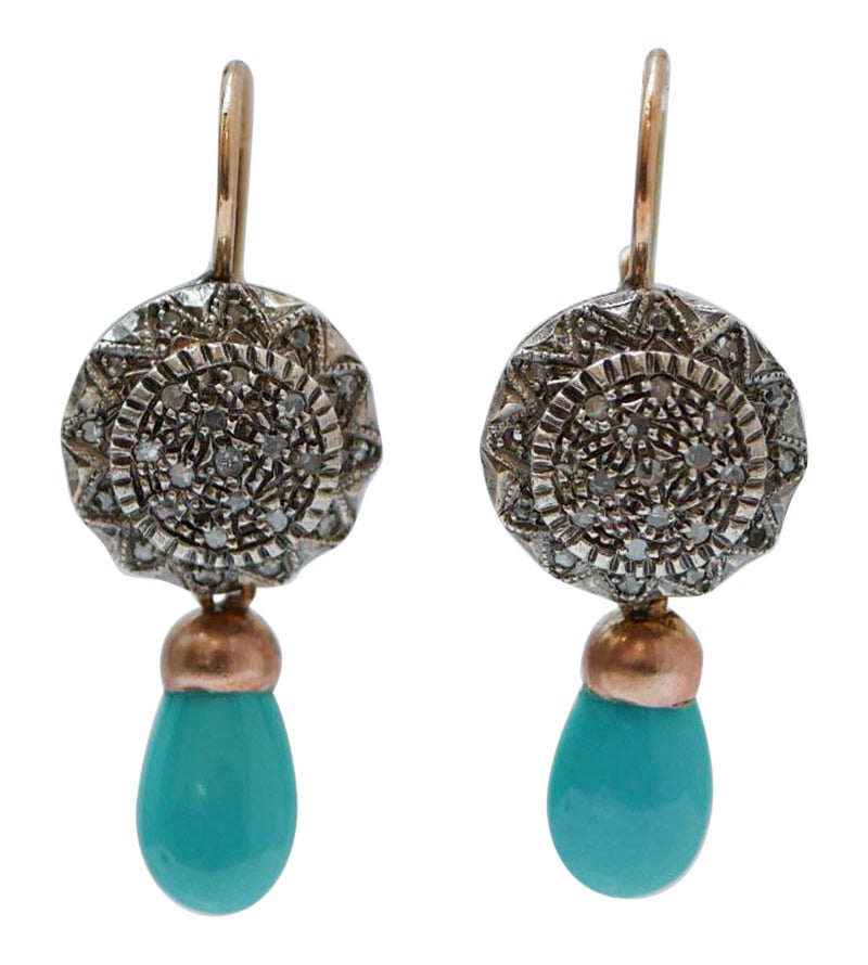 Orecchini in turchese, diamanti, oro rosa 14 carati e argento.