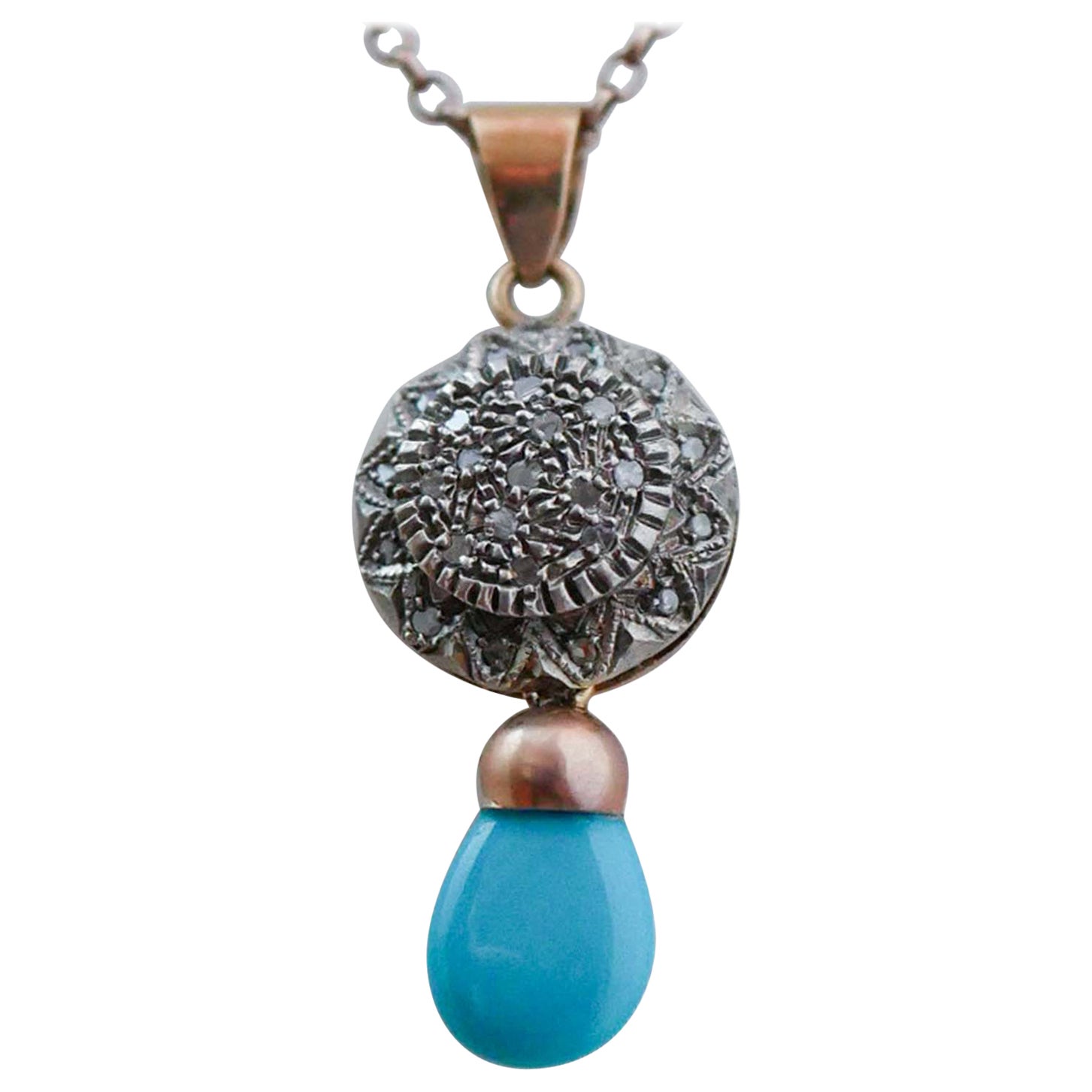 Collier à pendentifs en turquoise, diamants, or rose 14 carats et argent.